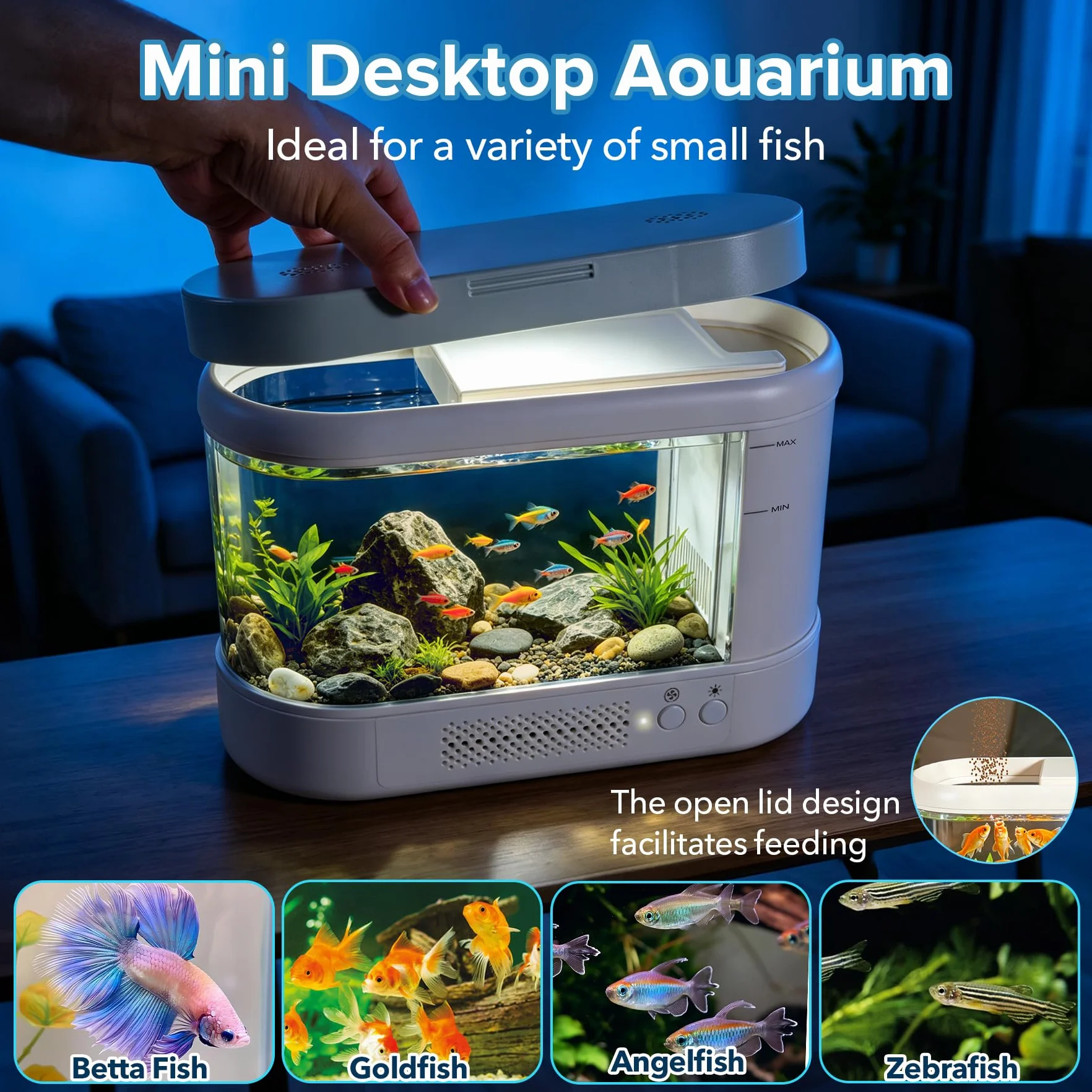 3,7L Acuario Pequeño Kit de Inicio,Blanco Aquario Acrílico con Sistema de Filtrado e Iluminación LED, Pecera Pequeña de Mesa para Peces Betta, Plantas y Gambas