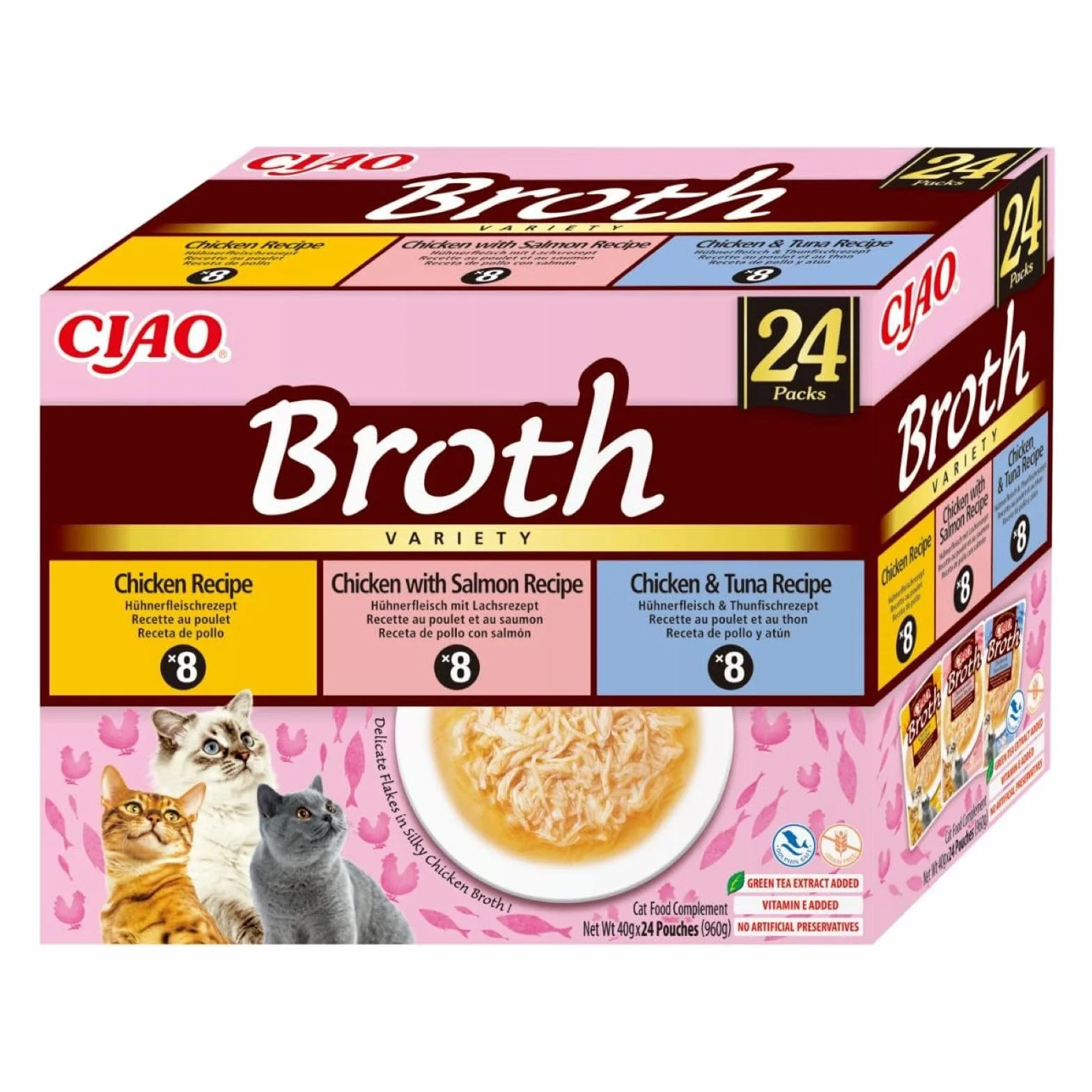 INABA Ciao Broth Gatos - Receta Saludable de Caldo de Pollo, 3 Sabores Diferentes - Comida Húmeda con Tiras de Pollo, Salmón y Atún - Natural, sin Cereales - 960g (24 Sobres x 40g)