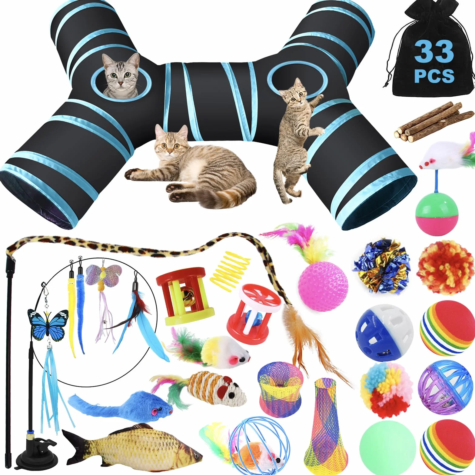 Set de 33 Piezas de Juguetes para Gatos - Túnel, Ratones, Varita de Plumas, Peces - Paquete de Variedad para Gatitos