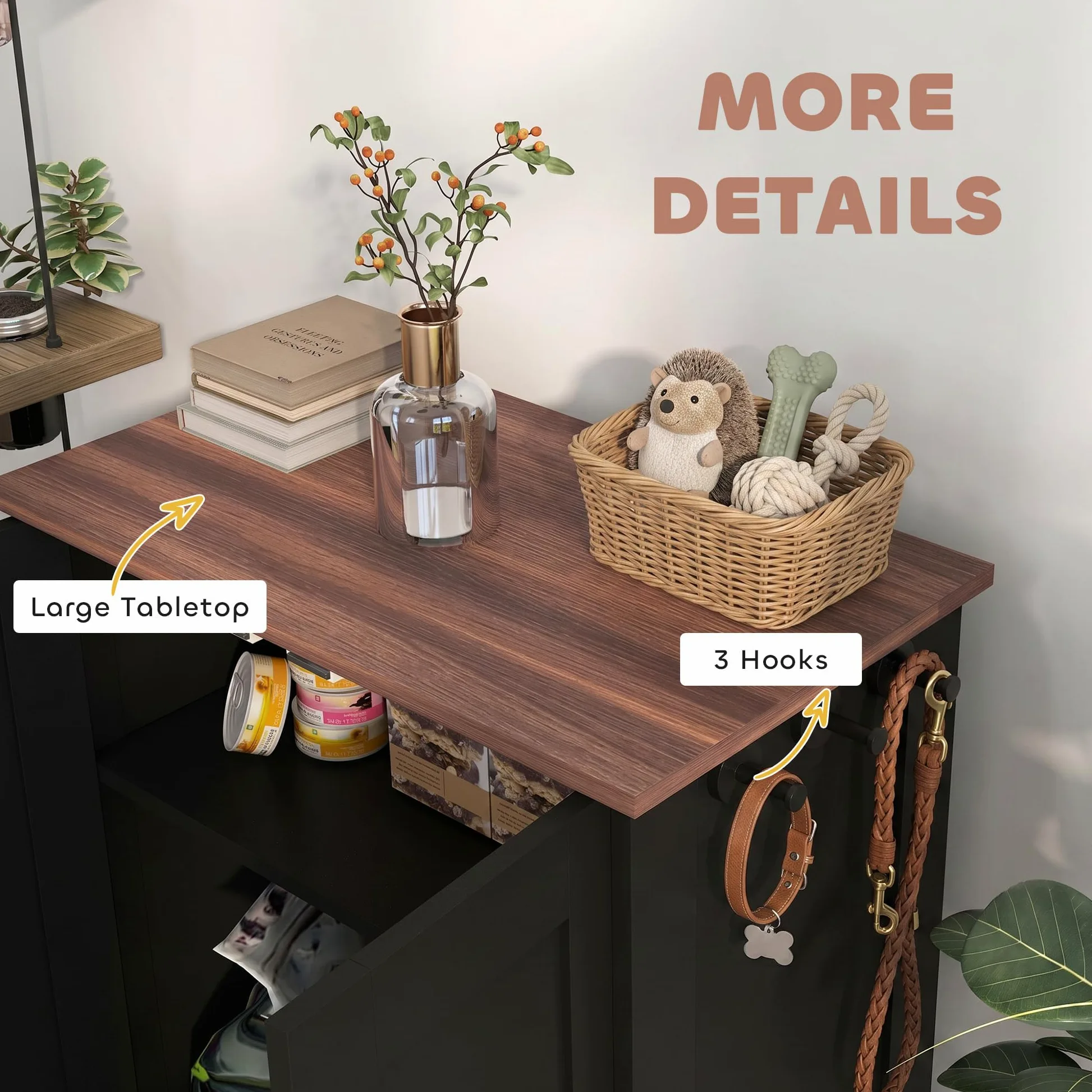 PawHut comedero para Mascotas con Almacenamiento, comedero para Perros con Cuencos elevados para Perros, Panel Ajustable, Ganchos, gabinete de Almacenamiento de Alimentos para Mascotas, Negro