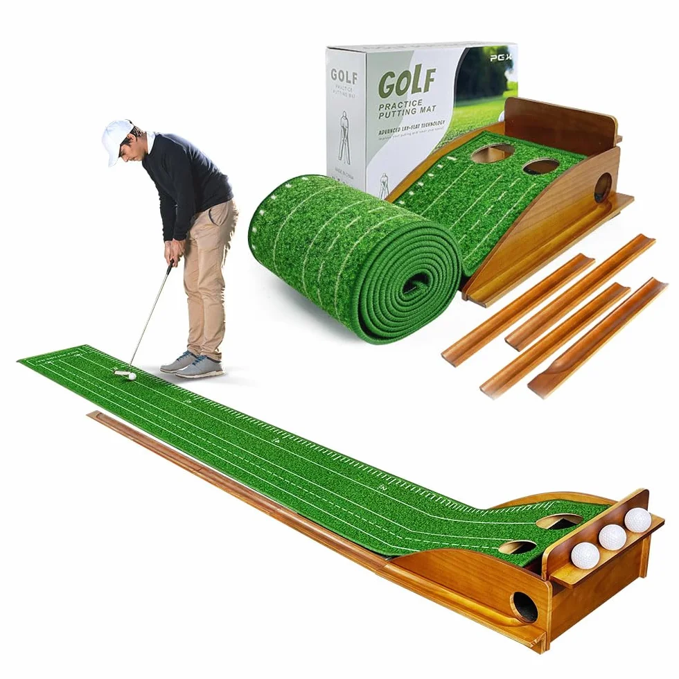 Alfombra de Golf para Putting con Retorno Automático de Bola, Entrenador de Madera Premium