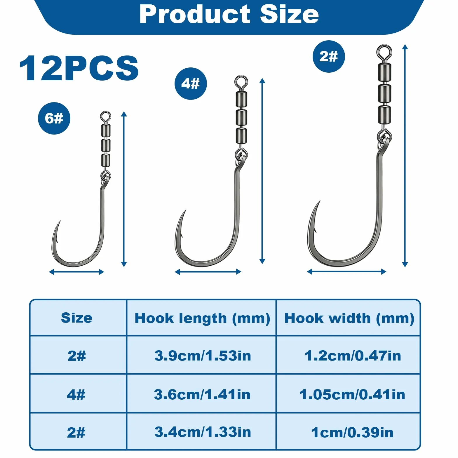 Anzuelos de Pesca Giratorios 12 Piezas 2# 4# 6# Acero Alto Carbono 360° para Trucha