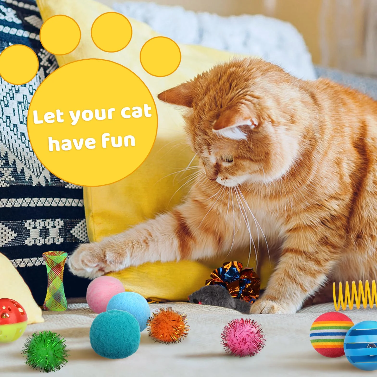 QUOZUO Juego interactivo para gatos, 60 resortes, bolas brillantes, juguetes de ratón, bolas arrugadas y pompones para gatitos