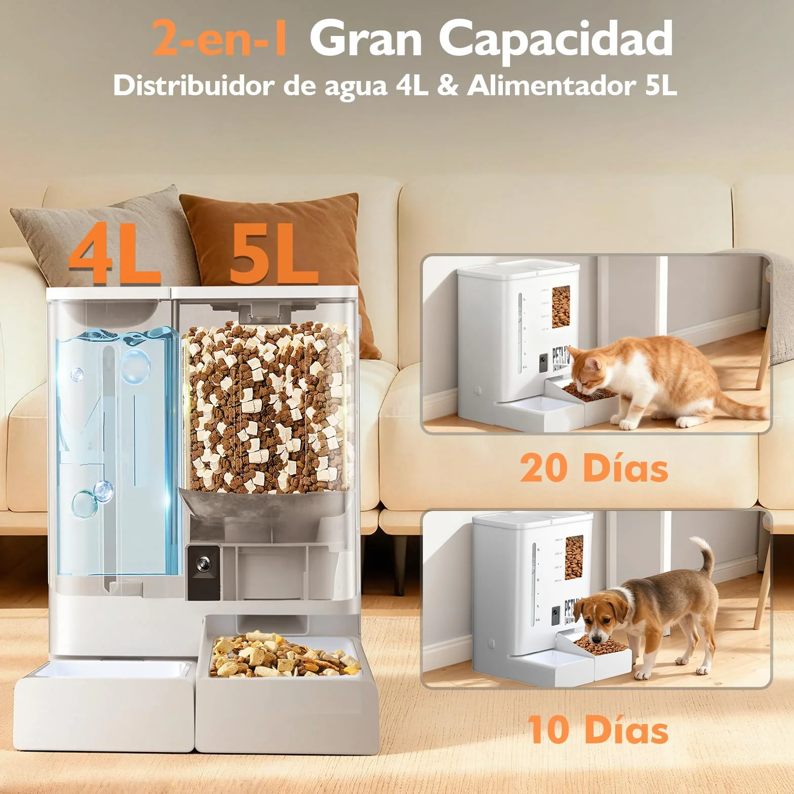 Comedero Automático para Gatos con Cámara 2K HD Visión Nocturna, WiFi 2,4G/5G Control por App, Audio Bidireccional Anti Atascos, Doble Alimentación, Depósito 5L Comida y 4L Agua
