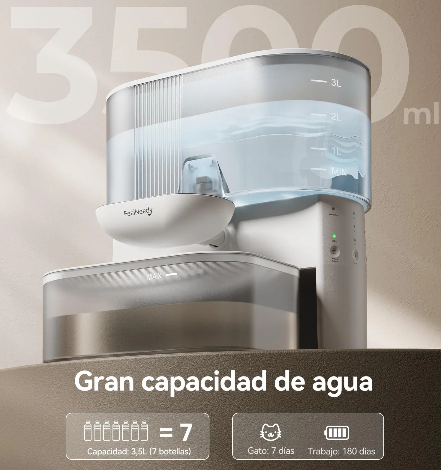 FEELNEEDY Fuente para Gatos Sin Filtro e Inalámbrica con Batería 2000mAh, Separa el Agua Limpia del Agua Usada, Cuenco de Acero Inoxidable, Bebedero Gatos Sin Cable 3,5L, Blanca