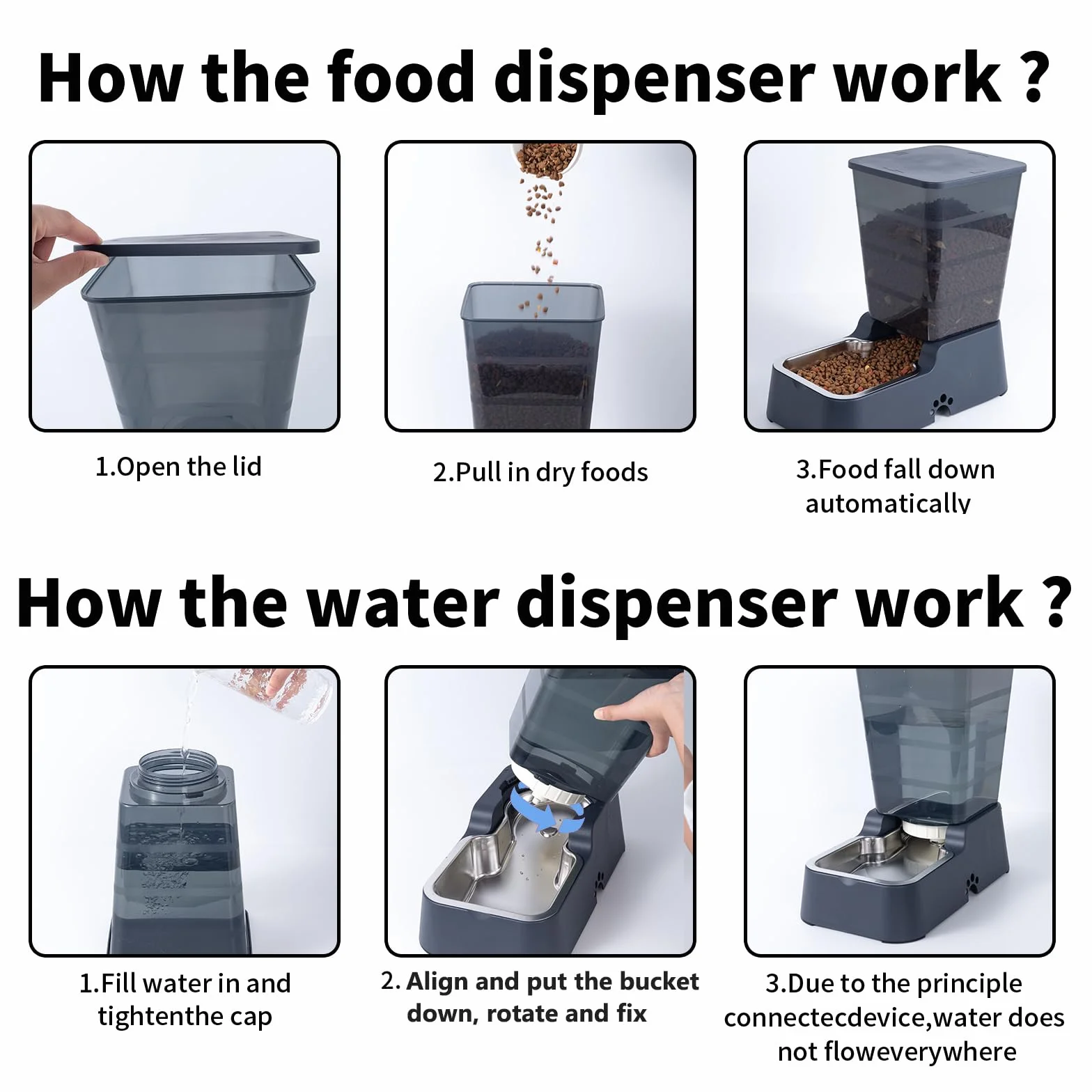 Dispensador automático de comida para perros y agua para perros, 5 L, dispensador de comida para gatos y gatos para perros medianos y grandes, gatos y otros animales (juego de 5 L, gris oscuro)