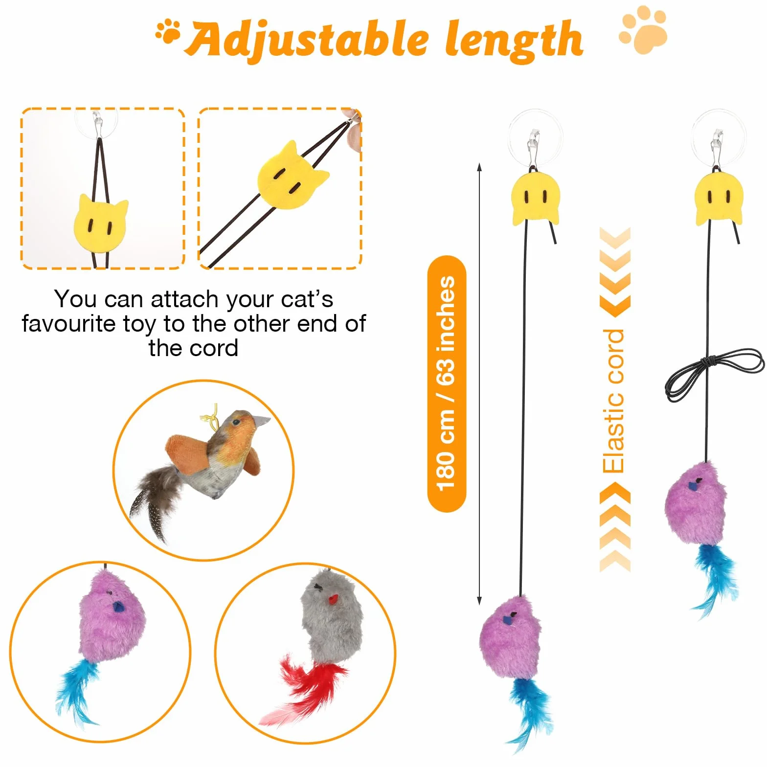 Romon Juguetes para Gatos, Set de 3 con Raton y Pájaro, Juguete Gatito Colgado de Puerta, Juguete Interactivo Gato con Cuerda Elástica Ajustable y Ganchos Adhesivos Transparentes
