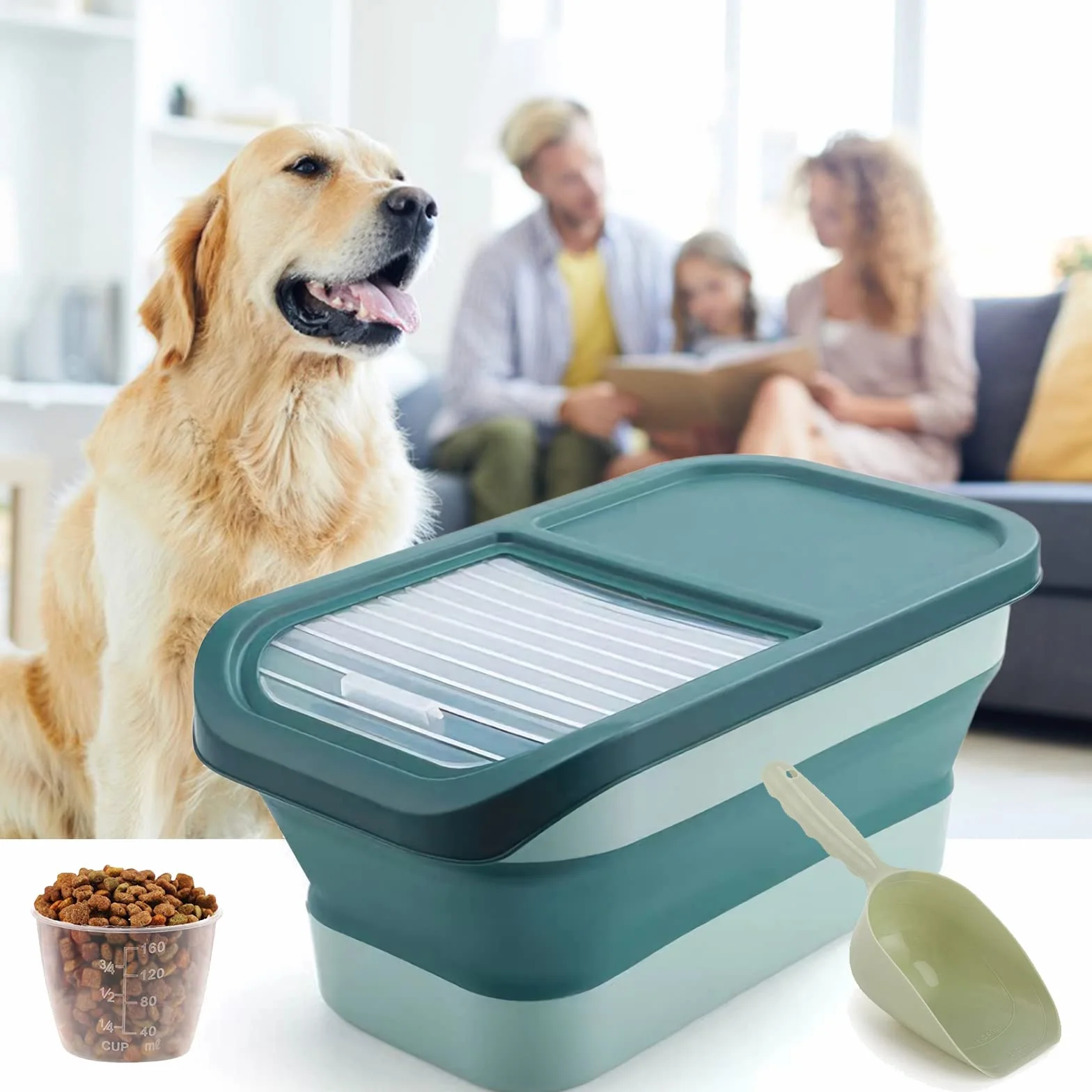 Contenedor Pienso Perro Gato Plegable Cubo Caja Almacenamiento Comida con Pala y Taza Medidora (Verde)