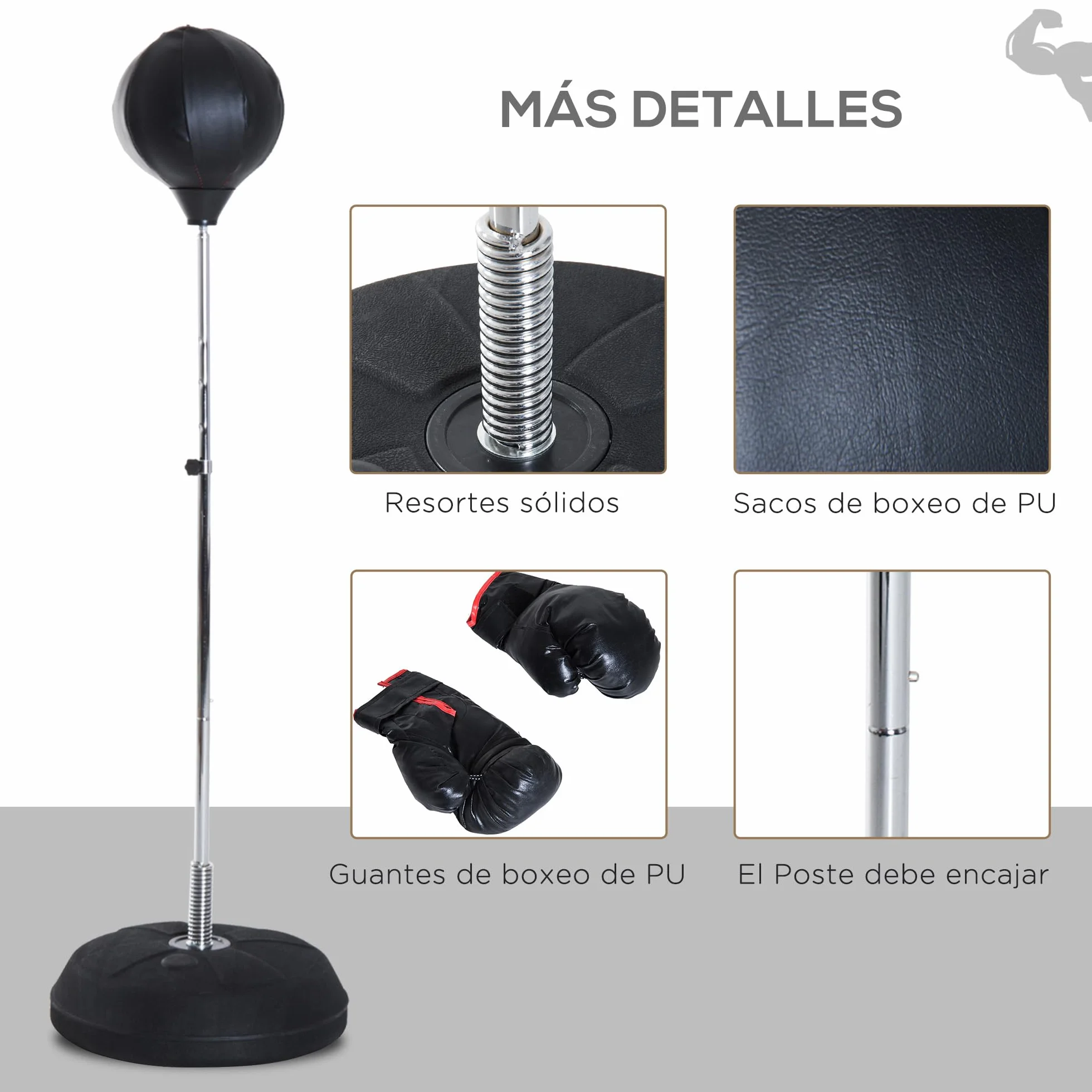 HOMCOM Saco de Boxeo de Pie Punching Ball Altura Ajustable 126-144 cm Base Rellenable Guantes Boxeo Adultos