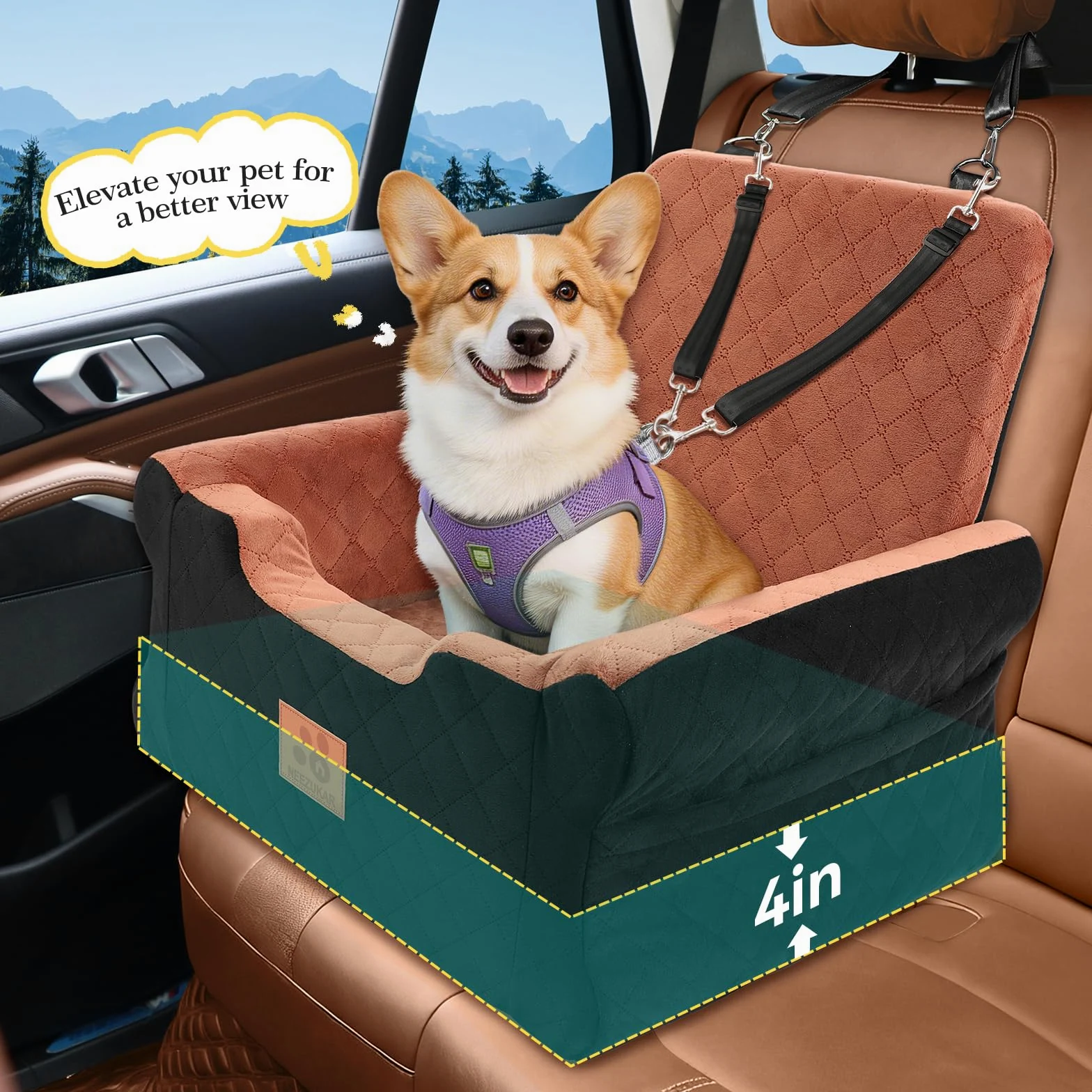 GL GLENSLAVE Asientos de coche para perros pequeños y medianos, asiento elevado de espuma viscoelástica para perros, asiento de coche desmontable lavable para mascotas con cinturones de seguridad y
