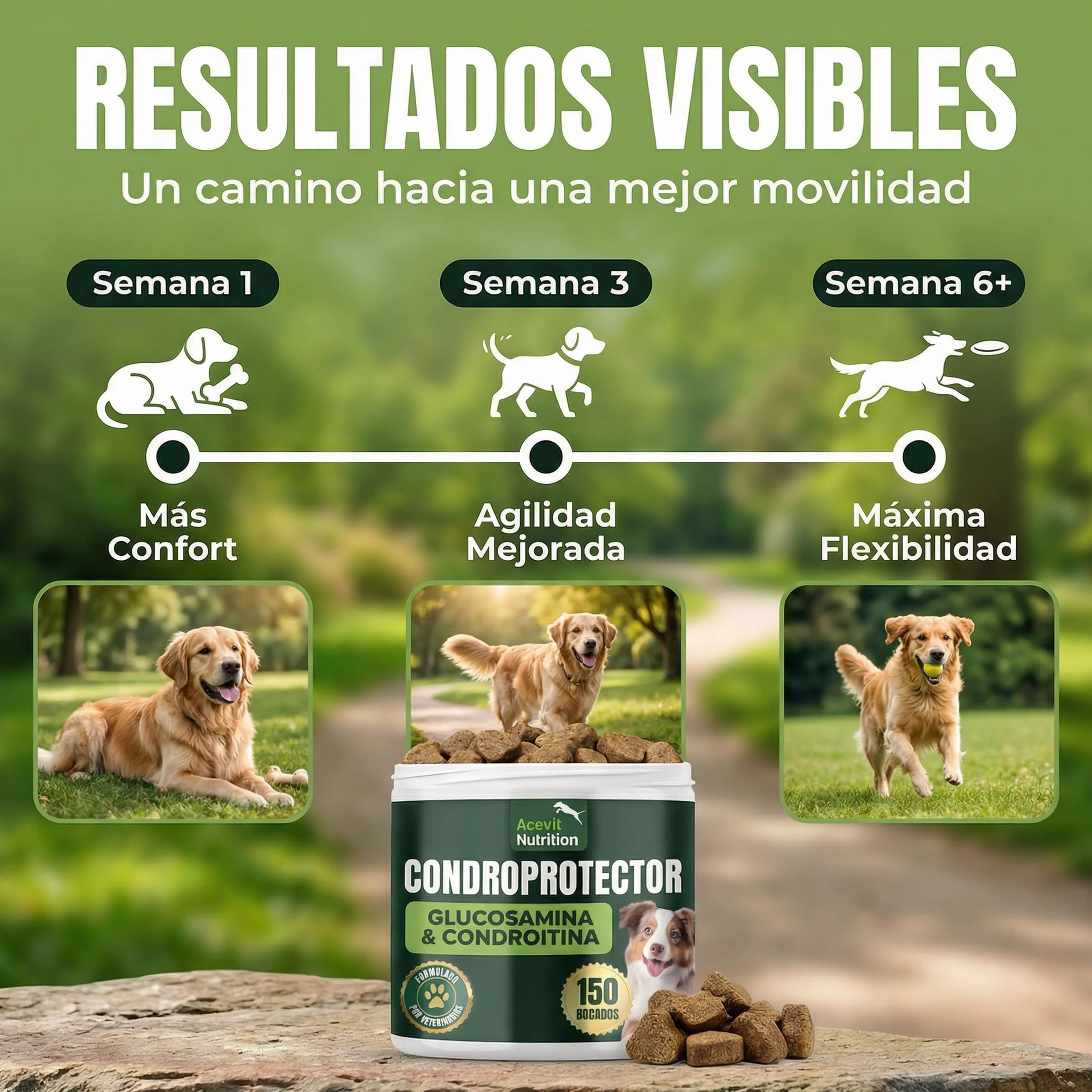 Condroprotector para Perros, 150 Unidades, 100% Natural, Antiinflamatorio, Articulaciones y Cartílagos, Antiartrosis con Colágeno, Glucosamina, Condroitina, MSM, Ácido Hialurónico, Omega 3 y 6