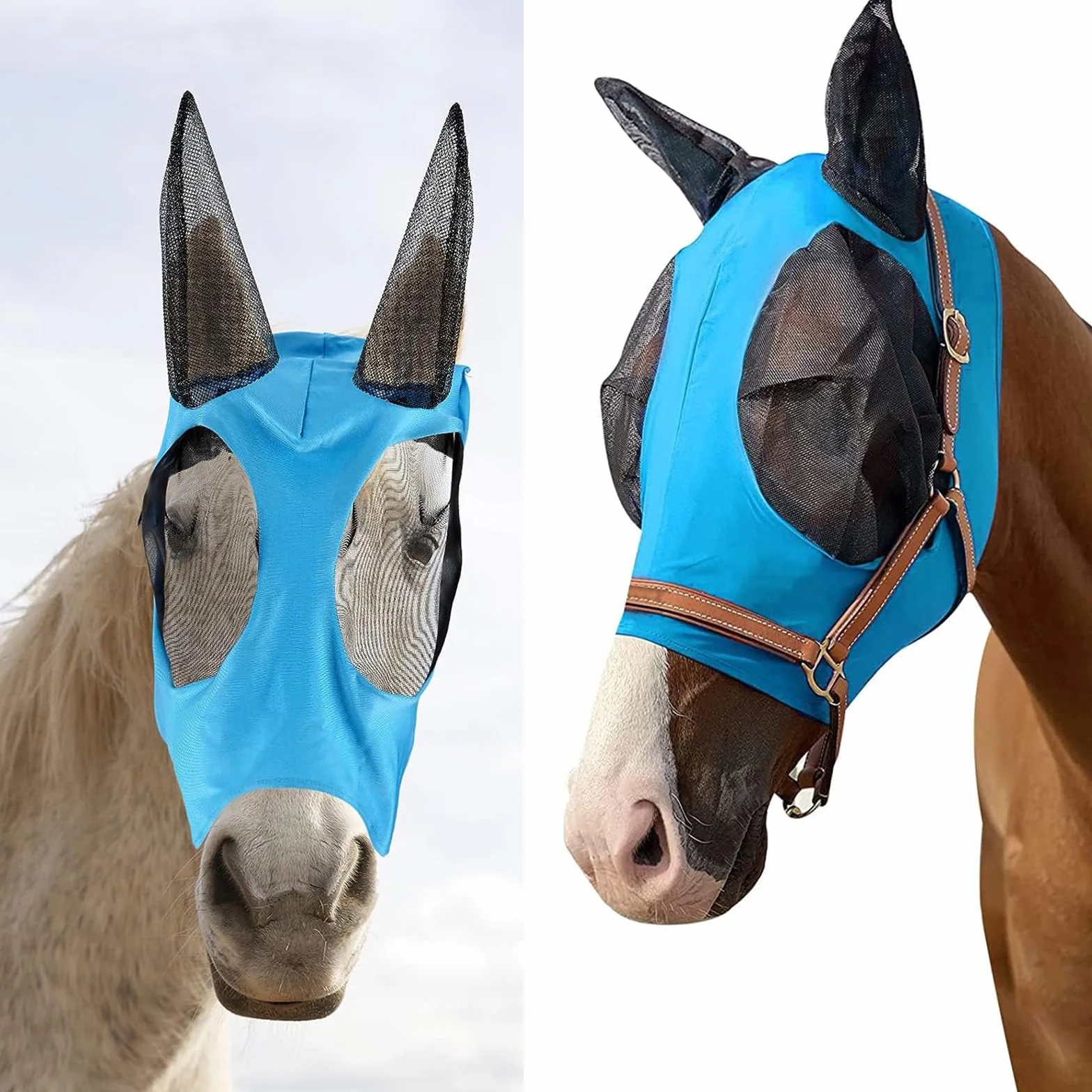 Máscara de Mosca de Caballo, Máscara Antimoscas para Caballo, Máscara de Mosca con Malla Transpirable, Anti-UV, Antimosquitos, Insectos, Máscara de Freno Elástica (Azul)