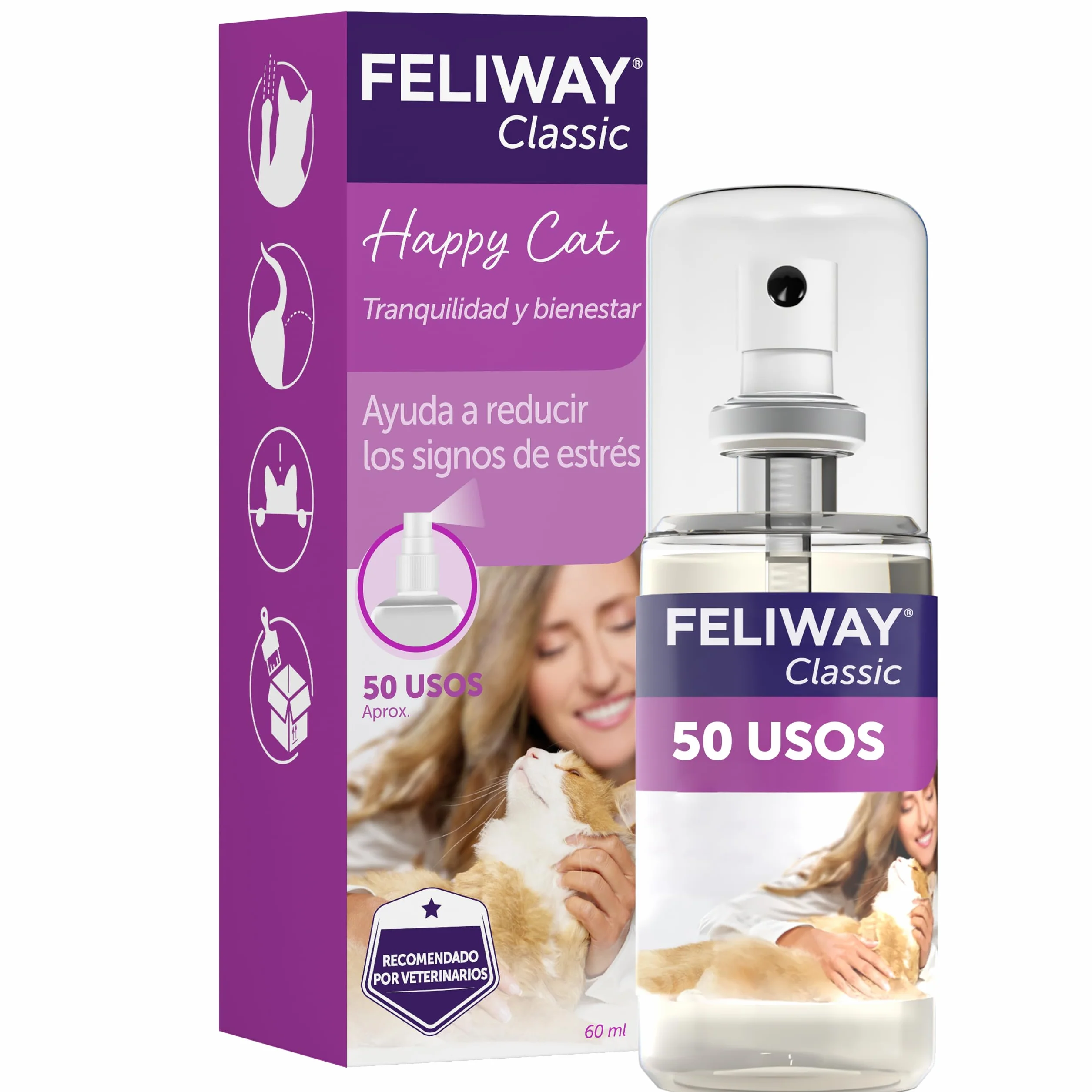 FELIWAY Classic Spray - Feromonas calmantes para gatos (60ml). Reduce los marcajes con orina y el estrés durante los viajes en transportín. Recomendado por veterinarios.
