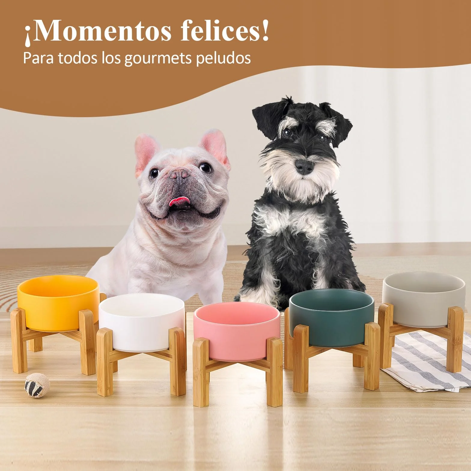 Blanca Ceramica Comedero Elevado Perro y Comedero Gato - 850 ml - En un Elegante Soporte de bambú - También Adecuado para Perros Grandes/Grandes felinos