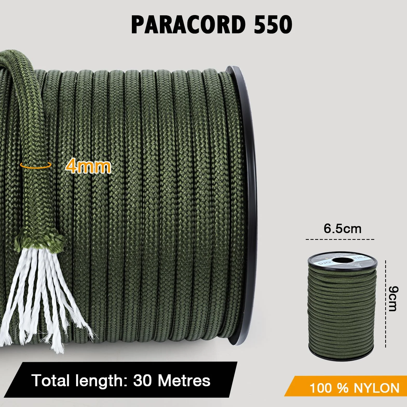 Cuerda Paracord 4mm 30M Bobina de Nylon para Bricolaje, Manualidades, Camping, Verde Militar