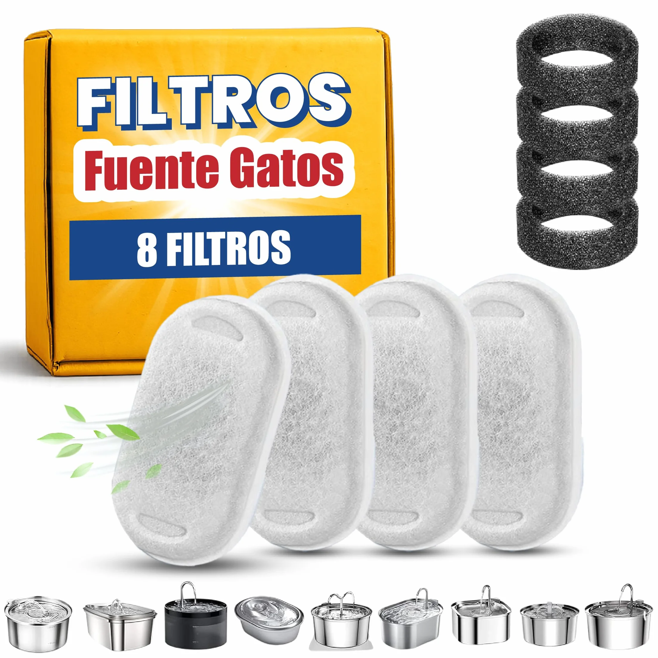 Filtros Fuente Gatos 8 uds – 4 Filtros de Carbón Activo + 4 Esponjas – Filtro Fuente para Gatos de Triple Capa – Recambios – Reduce Cloro y Olores – Compatible Acero Inoxidable y Plástico