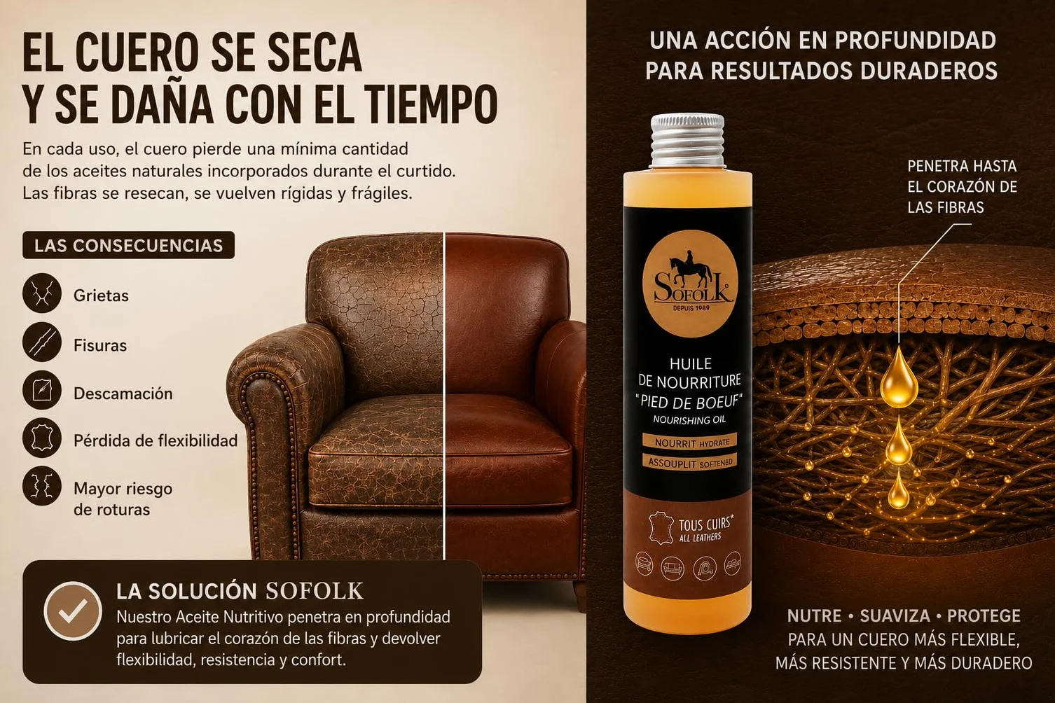Sofolk - Aceite Nutritivo para Cuero de Buey - Cuidado e Impermeabilización - Hidrata y Suaviza Incluso el Cuero Agrietado - Sin Olor - Fabricación Francesa - 500 ml
