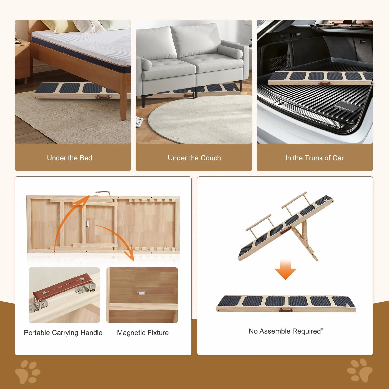 Rampa de madera para perros para cama alta, rampa antideslizante de 120 cm de largo para sofá, 6 alturas ajustables de 40 a 71 cm con alfombrilla de tracción antideslizante para perros pequeños,