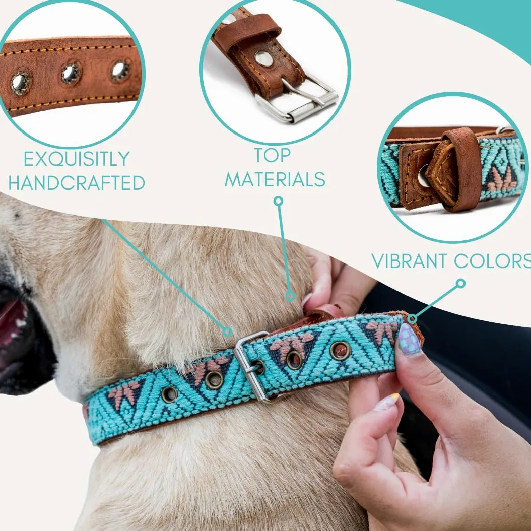 Collar de perro occidental, diseño bordado de cuero para perros pequeños, medianos y grandes y cachorros, azteca y suroeste para niños y niñas, hembras y machos, collar para perros con