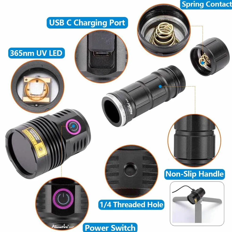 ALONEFIRE SV47 - Linterna UV de 12 W y 365 nm recargable USB C de largo alcance, detector de orina de mascotas para curado de resina, pesca, escorpión, minerales, chinches, fugas con gafas protectoras