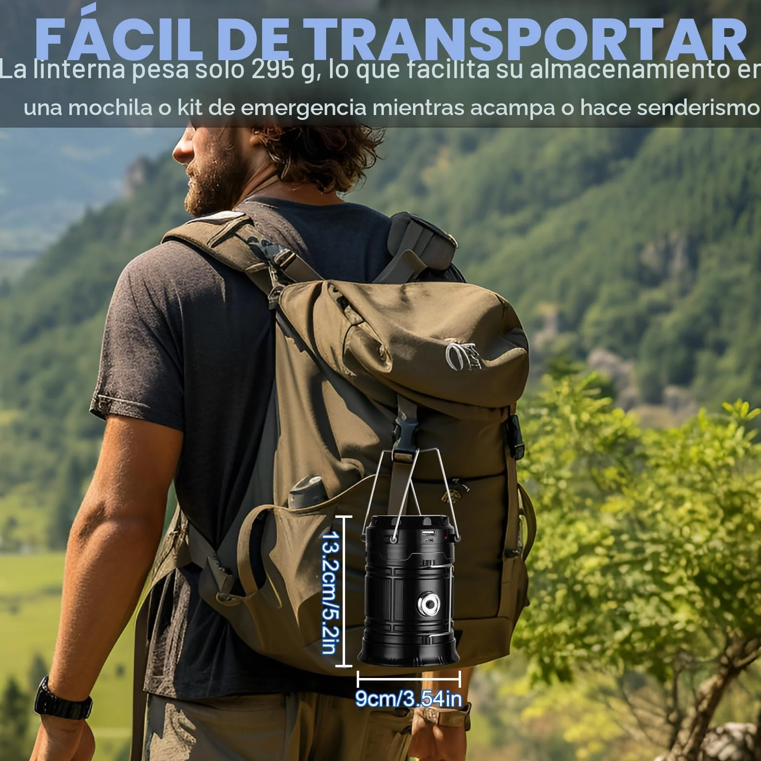 Linterna Camping Solar LED Plegable Impermeable con Gancho, Luz para Acampar, Negro