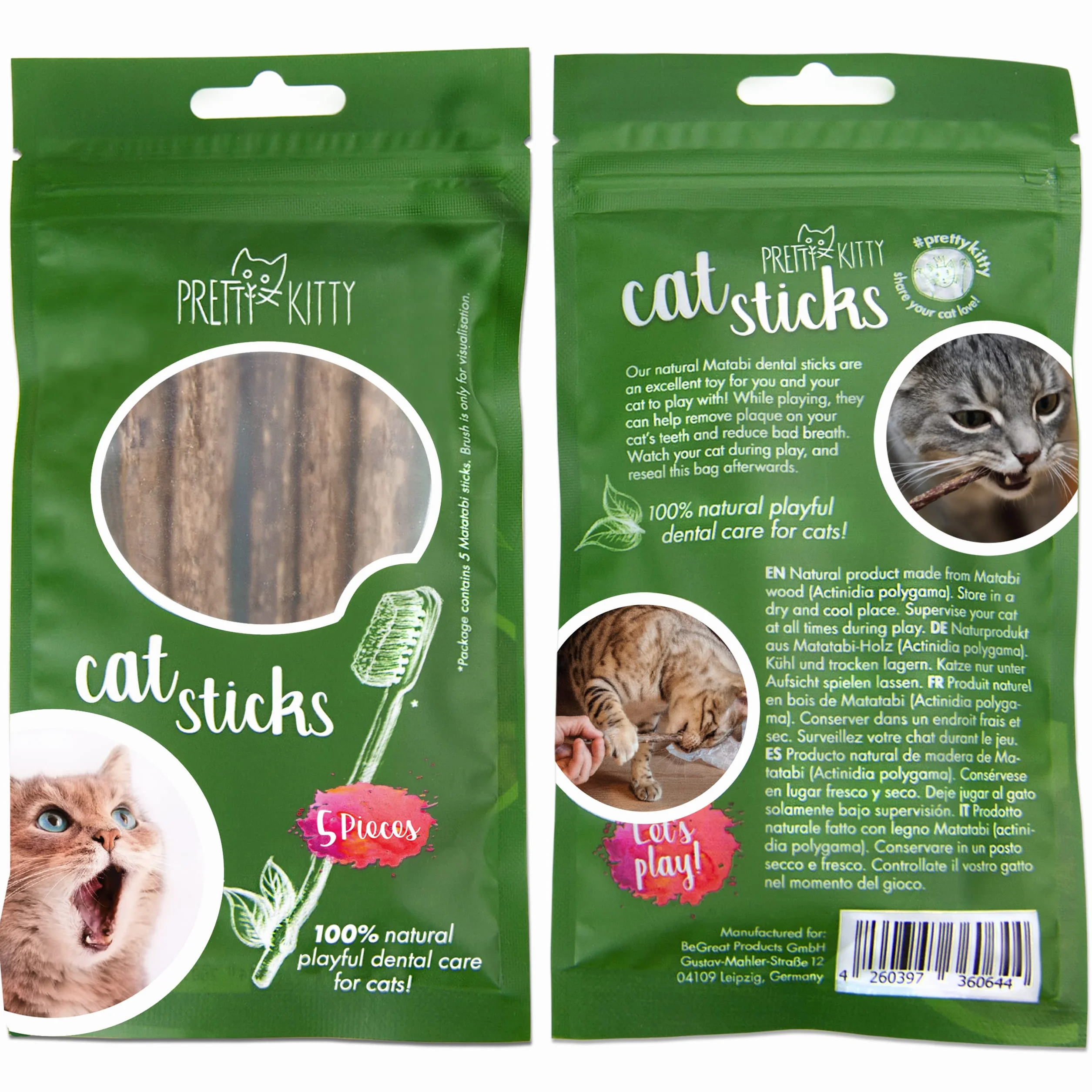 PRETTY KITTY Palitos Gato Cuidado Dental: 5X palitos Matatabi de Madera como Juguete Natural para Gatos contra el Mal Aliento – Palitos dentales Gato – Mordedores para Cuidado Dental de Gato