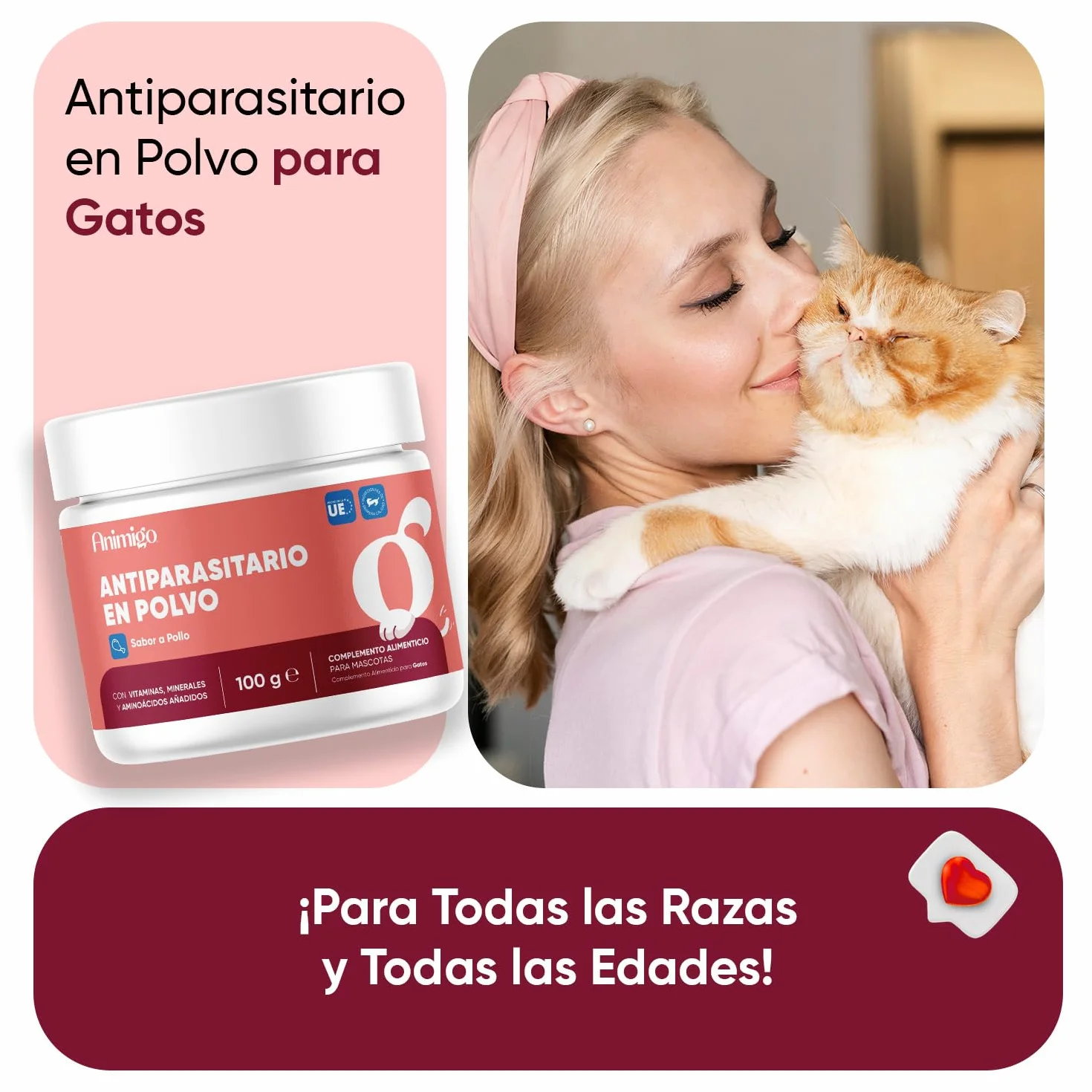 animigo Antiparasitario en Polvo para Gatos 100g Sabor Pollo - Protección Natural Antipulgas y Antigarrapatas Muy Fácil de Suministrar Formulado con Ingredientes Naturales, Vitaminas Grupo B y Zinc