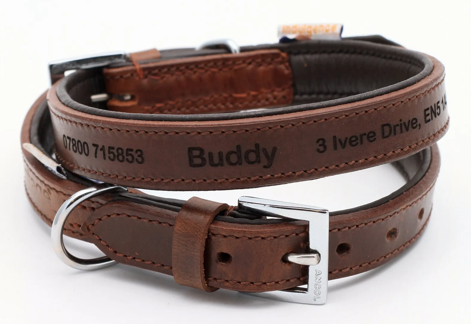 Collar Personalizado de Cuero Acolchado para Perros + Correa Opcional | Diseñe su Etiqueta de identificación única para su Perro | Grabado con láser - Tamaño 9, Correa Ancha