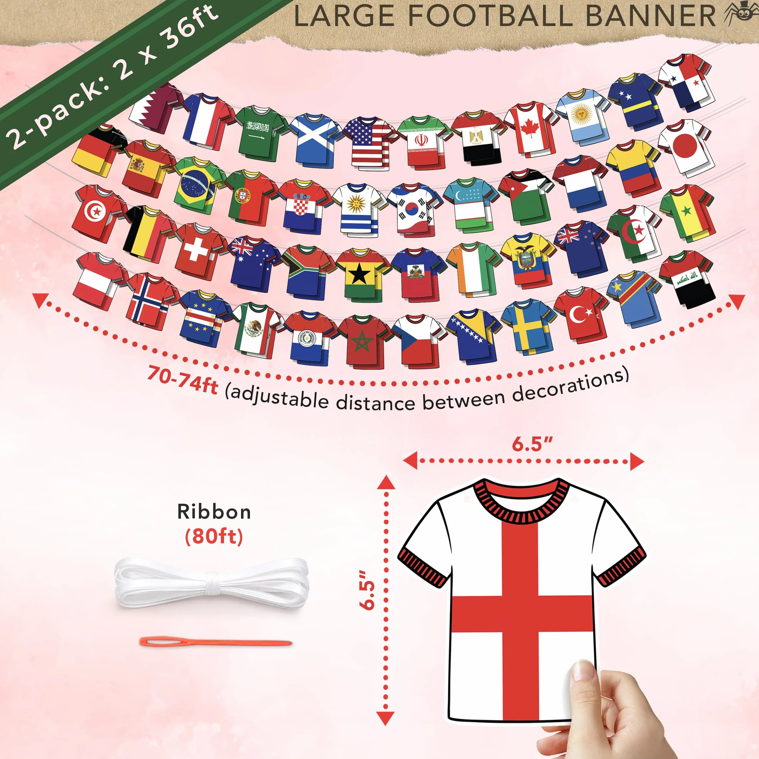 Banderines reutilizables Copa del Mundo 2026 2 unidades 48 equipos decoración fútbol pancarta de papel