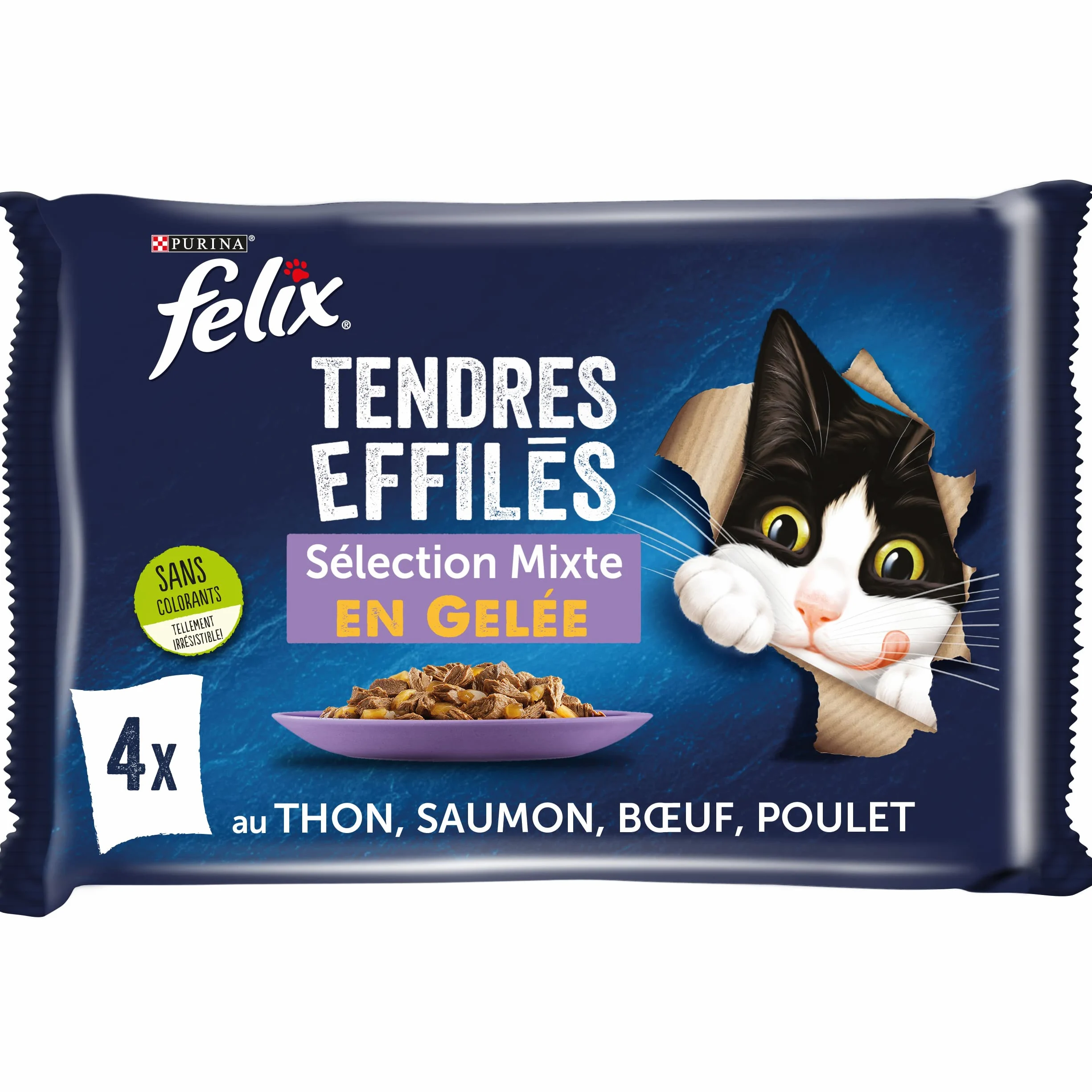 FELIX Tiernas Afiladas en Jalea | Gato Adulto | Selección de Pollo, Ternera, Atún, Salmón | Juego de 4 x 85 g | Bolsa Fresca