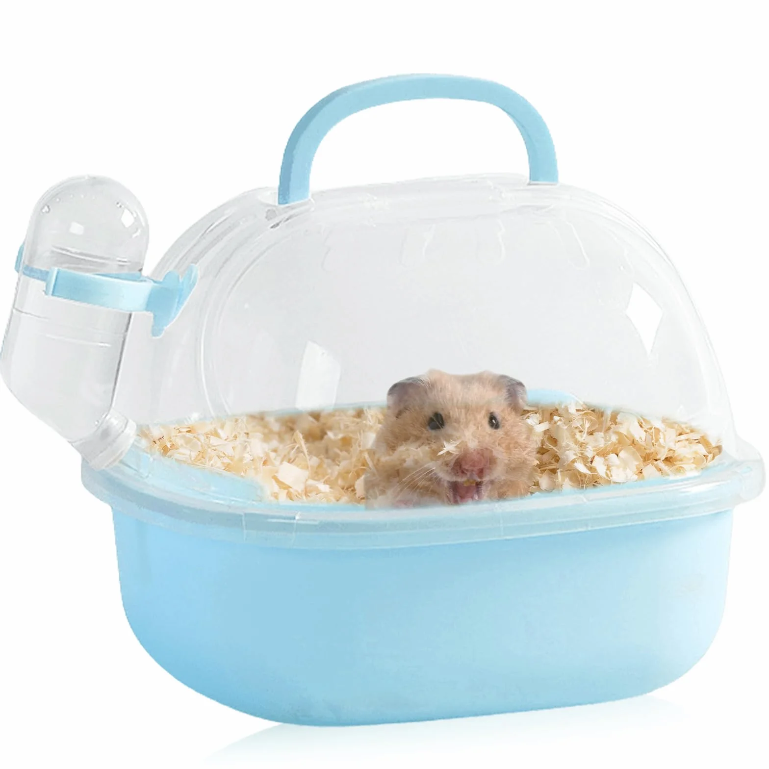 Transportbox Hamster con botella de agua, 20 x 18 x 19 cm, portátil, para animales pequeños, jaula de transporte con ranuras de ventilación, caja de viaje, jaula de transporte para jerbos, ratones