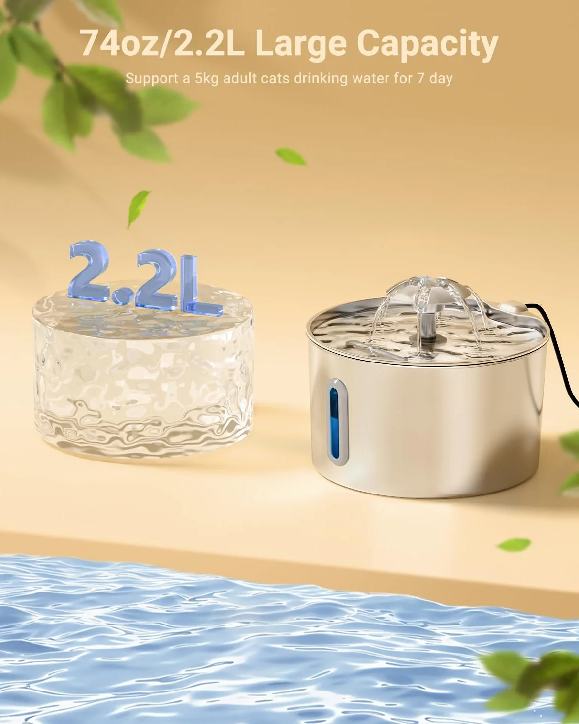 Fuente para Gatos Acero Inoxidable, 2,2L Bebedero Gatos con Cable Filtración Cuádruple, Ultra Silencioso, Fácil de Limpiar, con LED 3 Filtros y 3 Esponjas