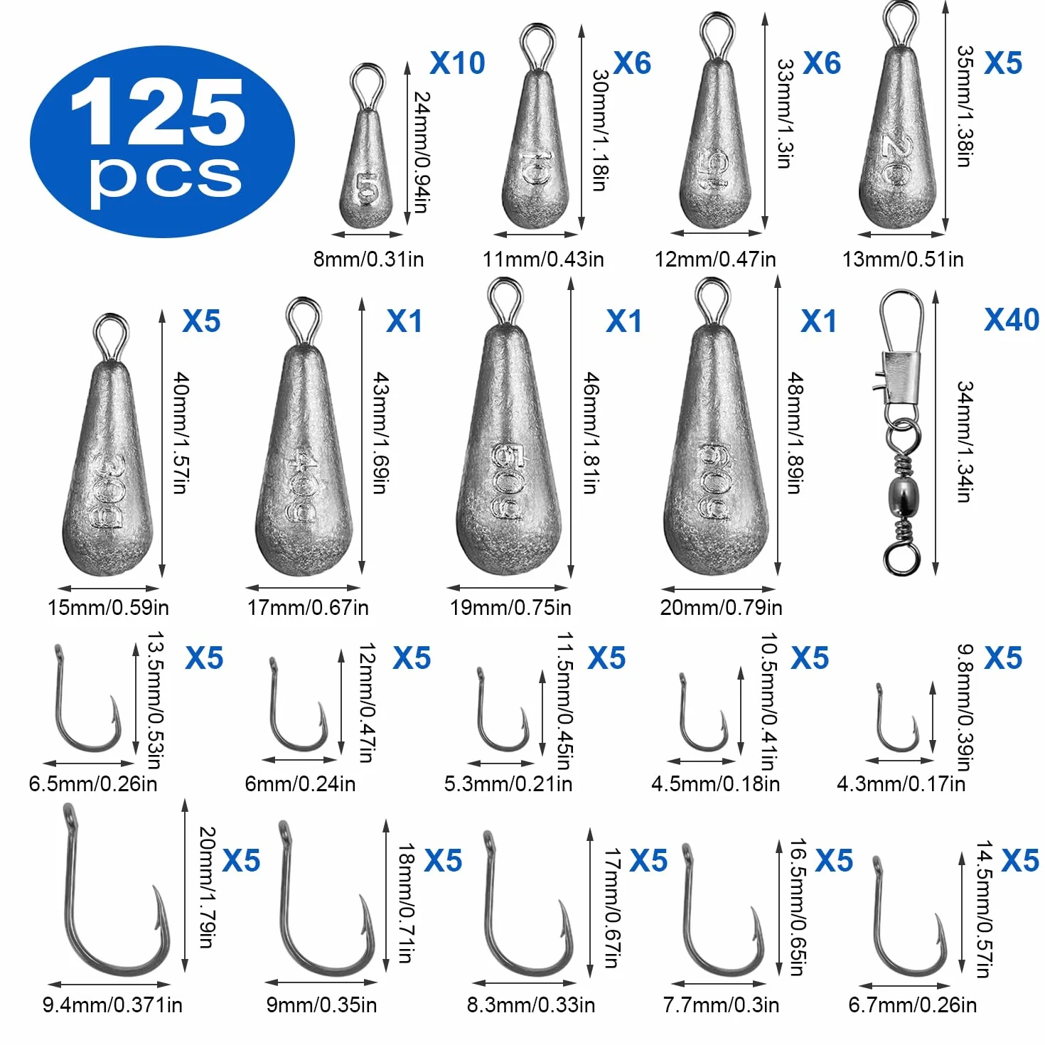 Kit de Pescas 125 Piezas Anzuelos de Pesca Plomos para Mar Surfcasting Carpa Trucha 5-60 g