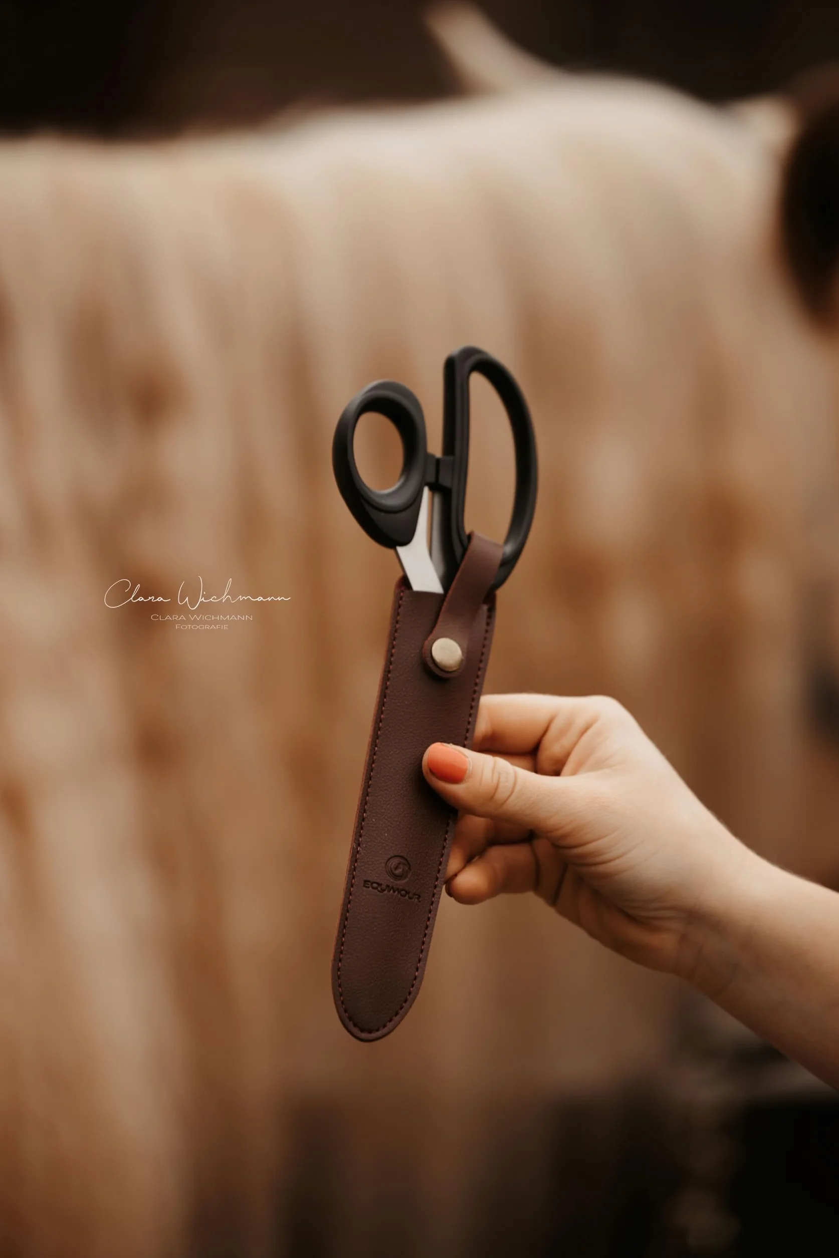 Tijeras para cola – de acero inoxidable afilado | Corte preciso para pelo grueso | Mango ergonómico & funda de cuero vegano | Accesorio profesional para el cuidado equino