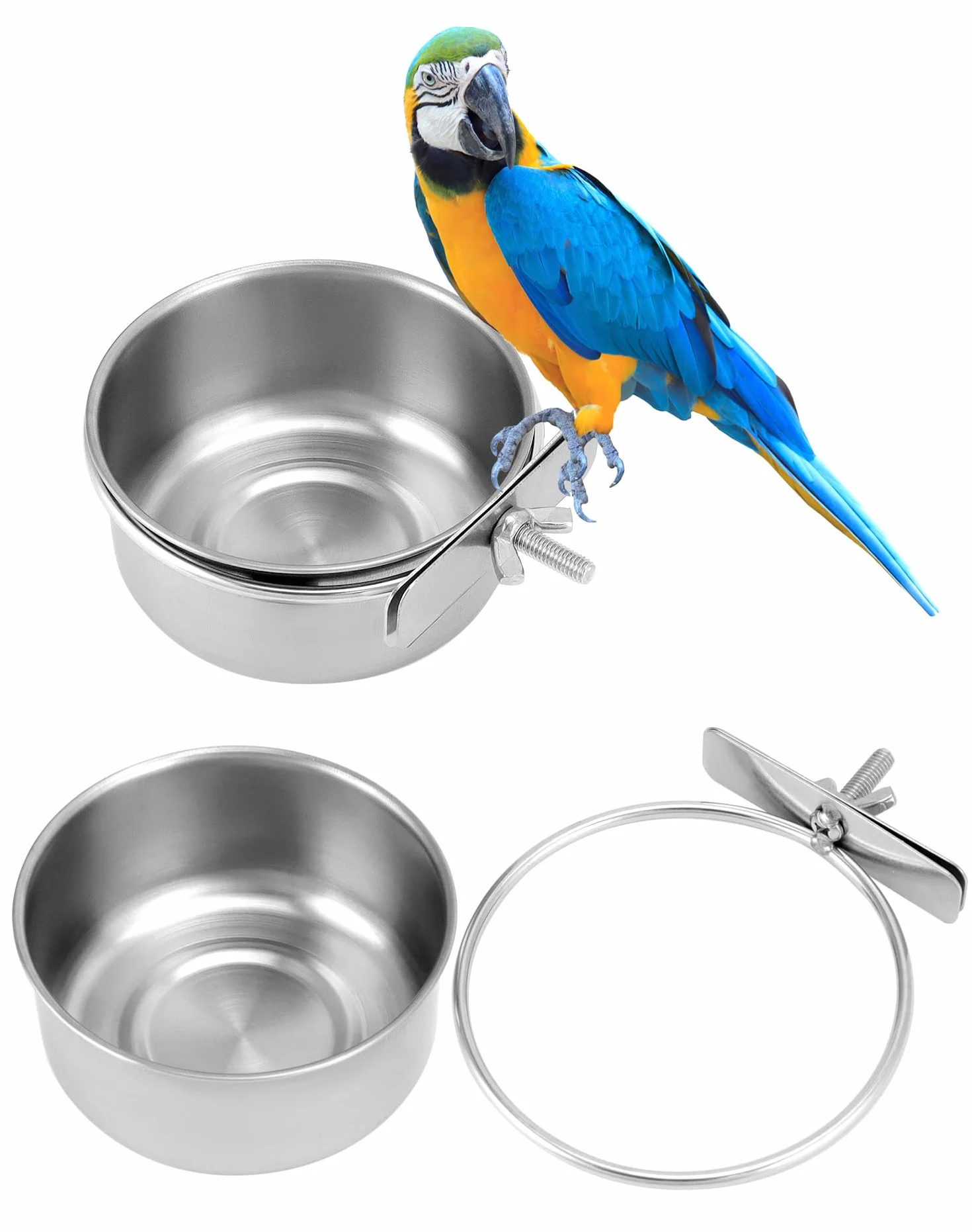QWORK® Juego de 2 Cuencos Pájaros Jaula, Comedero Pajaros de Acero Inoxidable, Accesorios para Loros y Mascotas Pequeñas (10X4,5 cm)