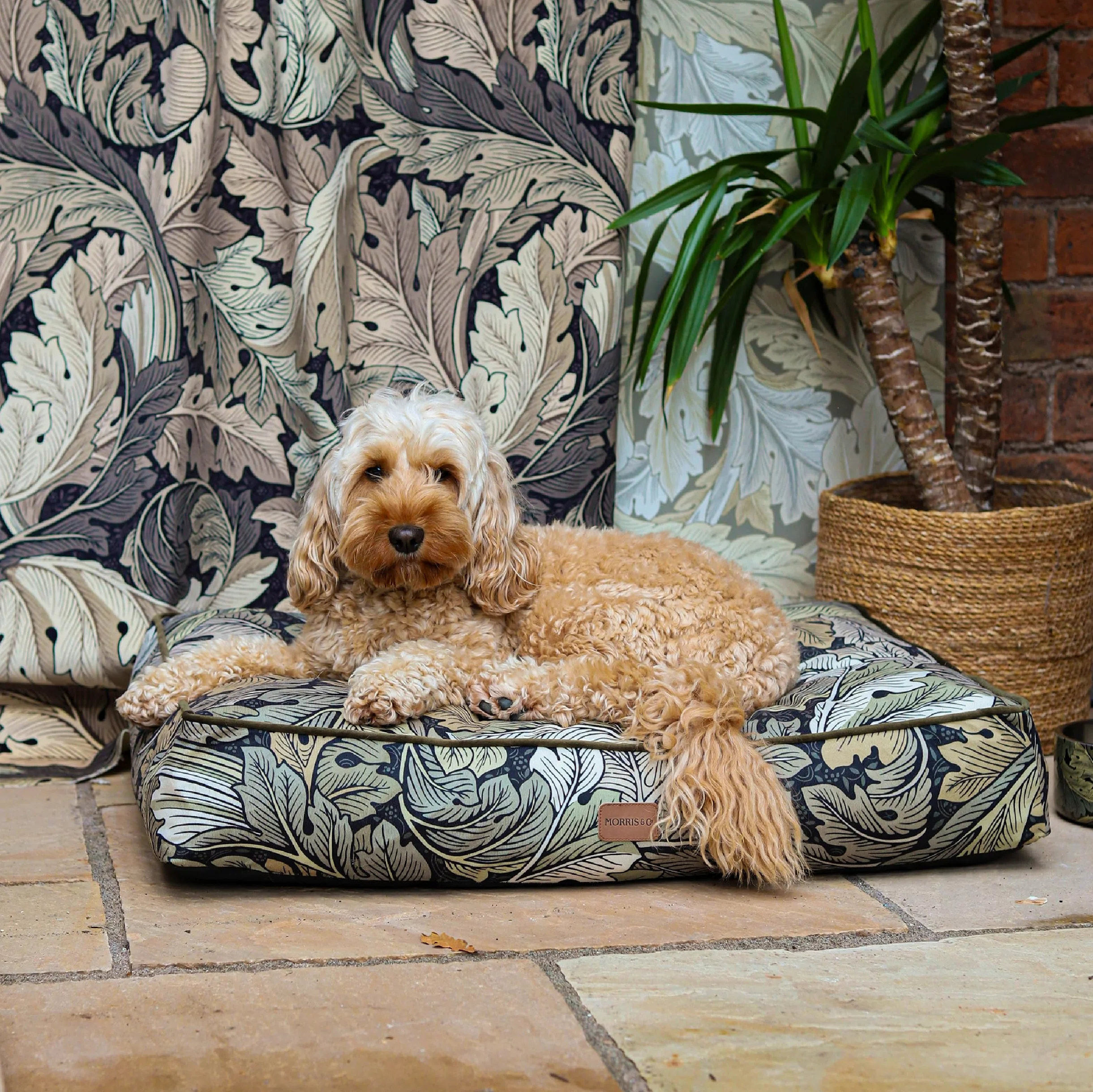Rosewood x Morris & Co. Colchón Acanthus para Perros, Cama Grande para Perros, Caqui, Acolchado Grueso, Base Antideslizante, Lavable, Lujoso Estampado de William Morris