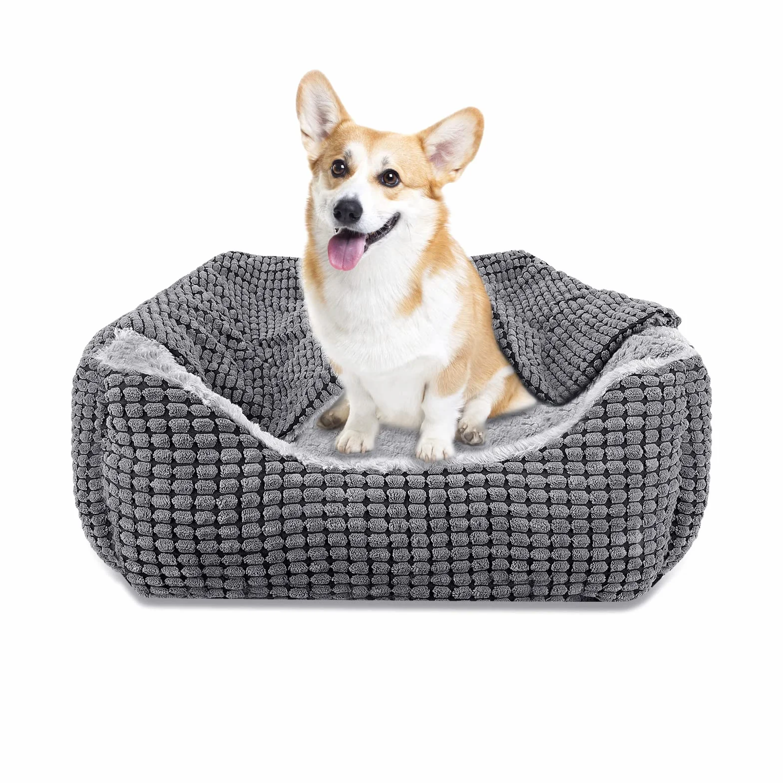 JOEJOY Cama para perros de tamaño mediano, cesta para perros con manta extraíble, cama para perros de pana mullida, lavable, antideslizante, sofá para perros con borde alto, cabe hasta 14 kg mascotas