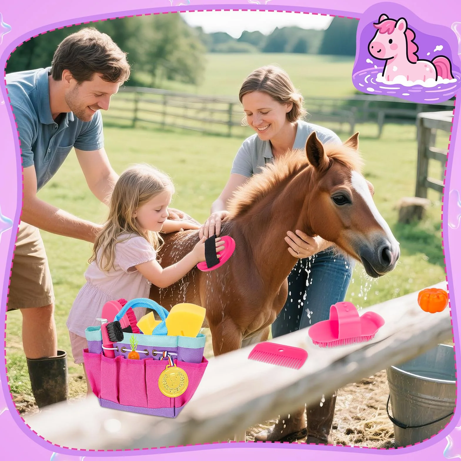 deAO Set de Cuidado de Caballos con Bolsa, Utensilios de Limpieza para Caballos para Niños con Cepillo, Guantes, Cepillo de Masaje, Peine para Crines, Rascador de Cascos, Esponja para Caballos (Rosa)
