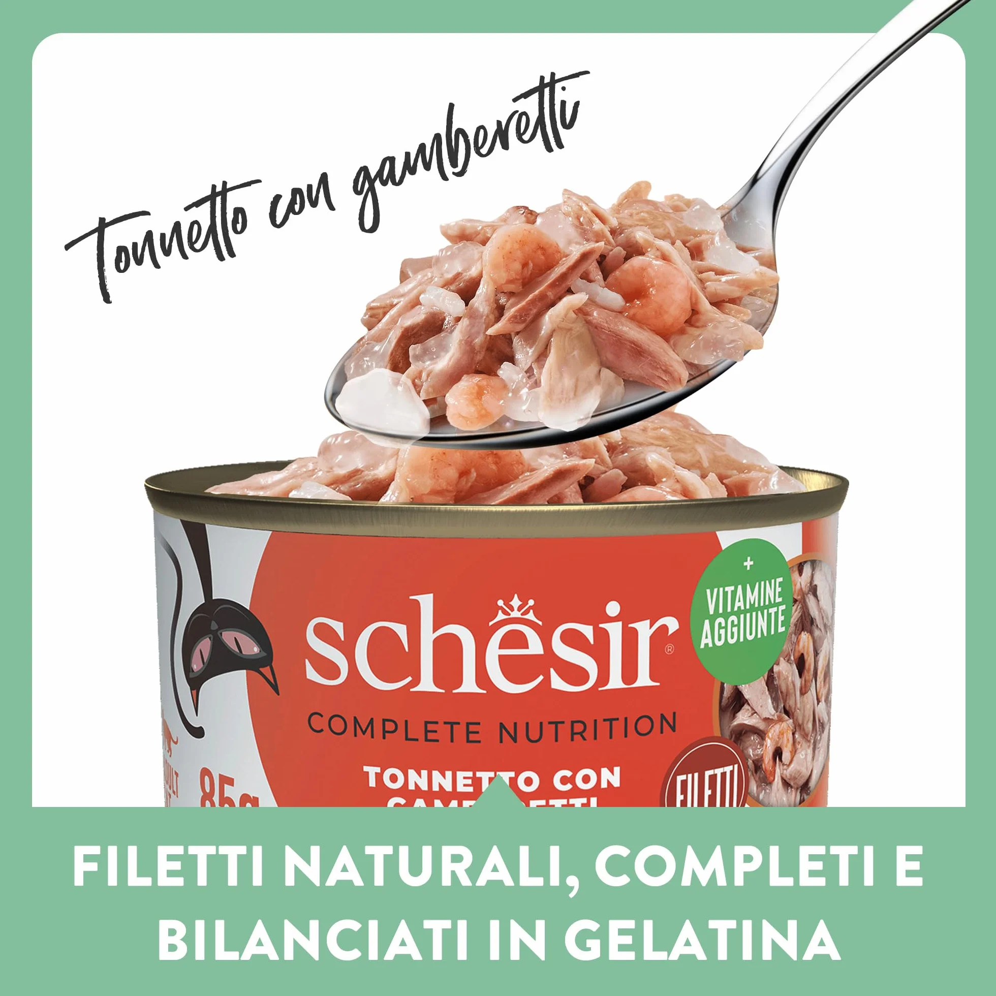 Schesir Atún con Gambas en Gelatina, Comida Húmeda para Gatos, en Latas, 100% Natural, con Vitaminas Añadidas, 12 x 85g