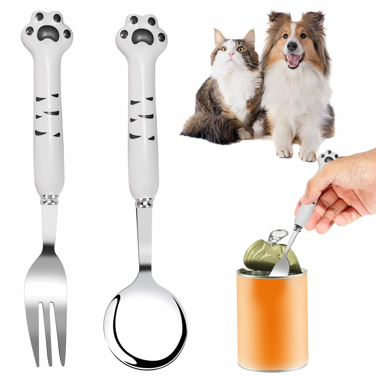 Cuchara de comida para mascotas 7 pulgadas, 2 paquetes de cucharas de latas de mascotas largas y tenedores de comida para perros, tenedores de cucharas de comida para gatos de acero inoxidable, tenedo