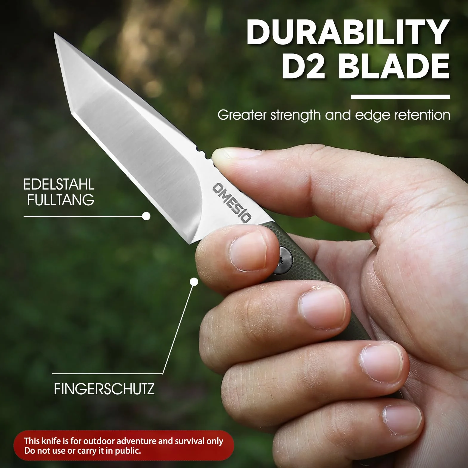 Omesio Tanto Neck Knife Pequeño Cuchillo Hoja Fija Full Tang Acero D2 Mango G10 Funda Kydex Clip Collar EDC