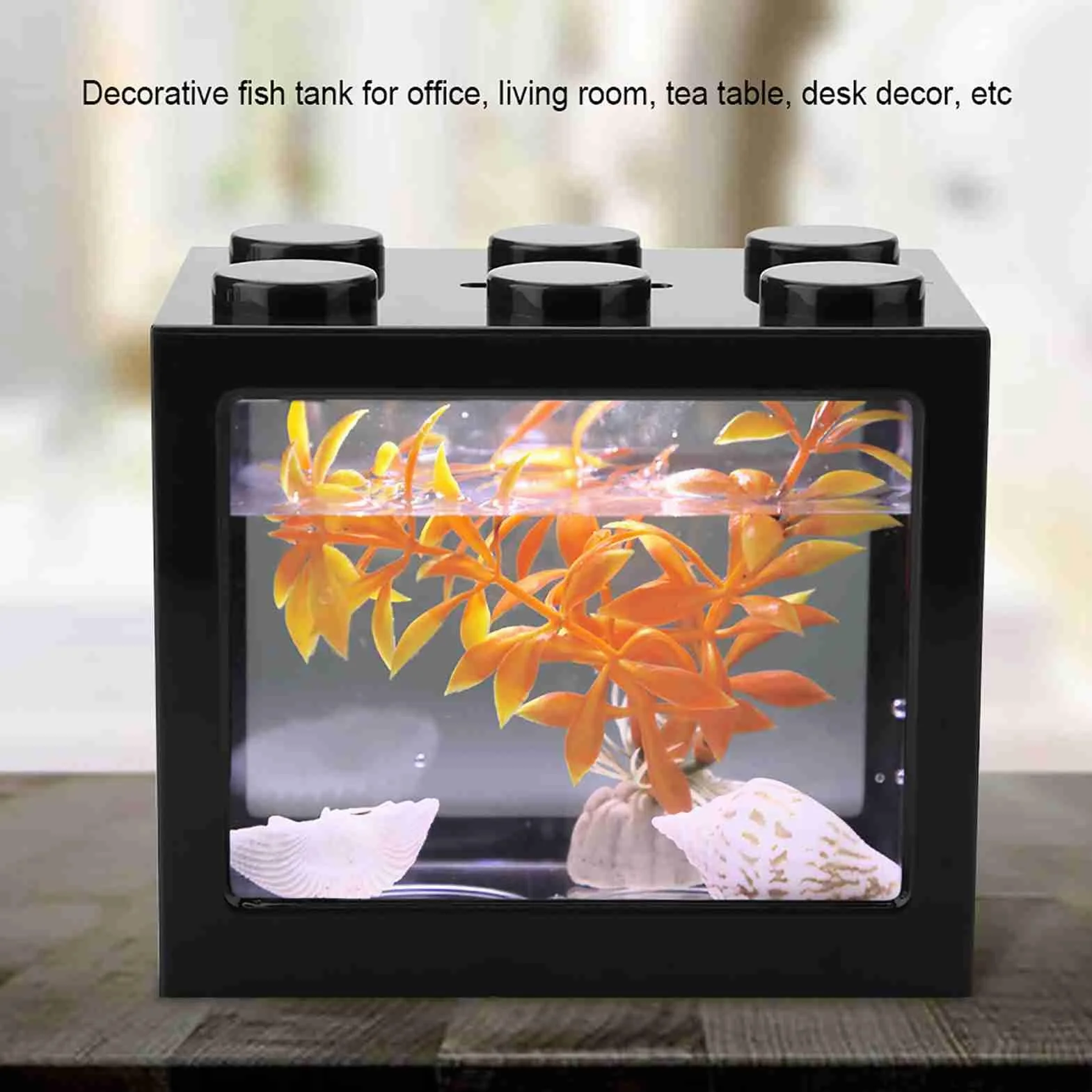 Qcwwy Mini Pecera Acrílica, Kits de Iniciación para Acuarios Mini Pecera Acuario Cubo Apilable Tanque Escritorio Mini Acuario Tanque Tazón con Luz LED USB(Negro)