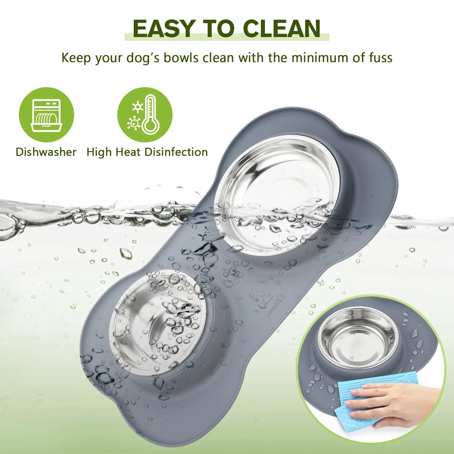 Pecute Comedero Perro y Gato, 3-in-1 Bebedero para Gatos Perros, Mascotas Pequeño de Acero Inoxidable Extraíble de Acero, Base de Silicona Antideslizante (400ml/13.5oz + 200ml/6.8oz)