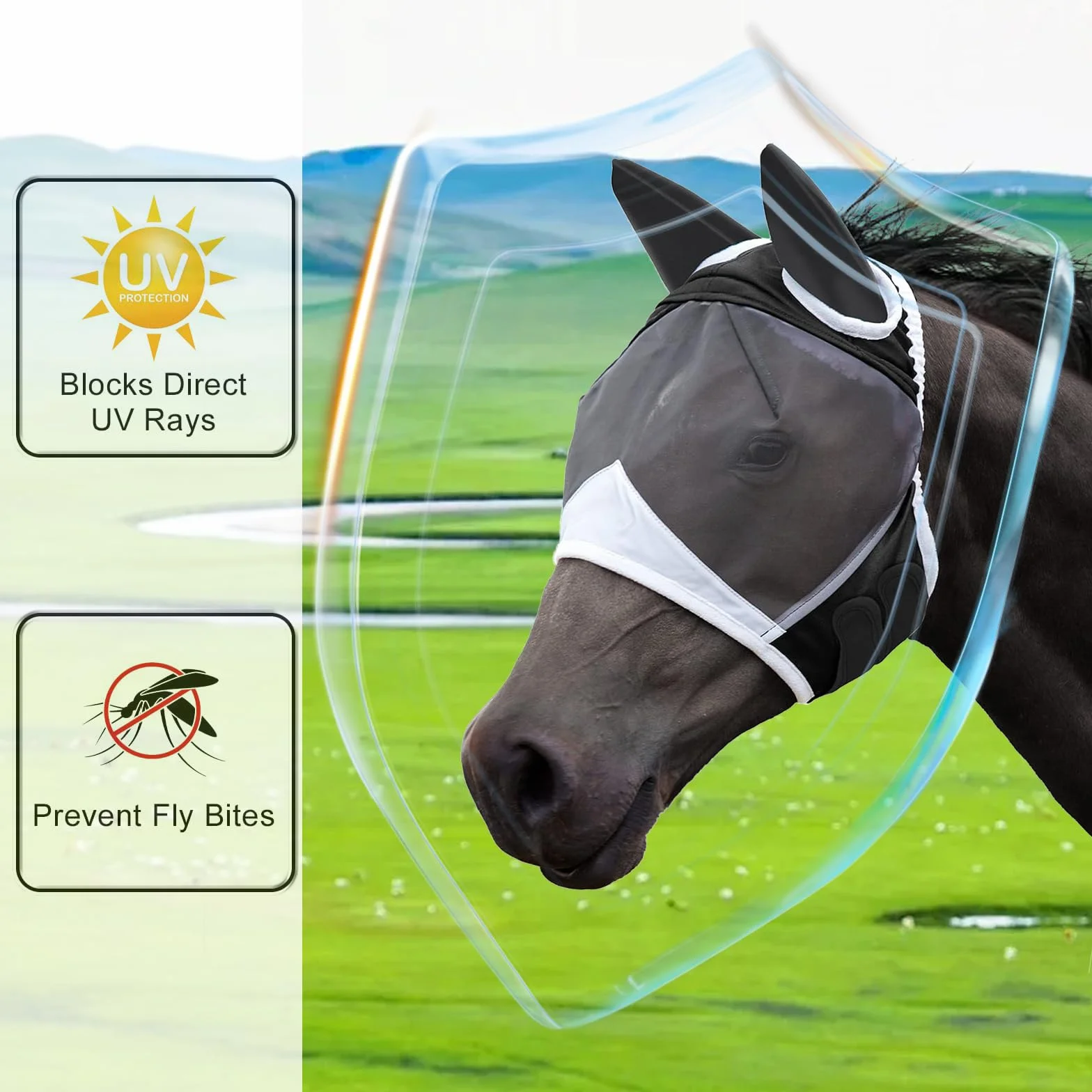 Máscara Anti Moscas para Caballo，Elasticidad Máscara Anti-Moscas Protección con Orejas，Excelente Comodidad con Protección UV，Adecuado para Caballos Afectados por Mosquitos