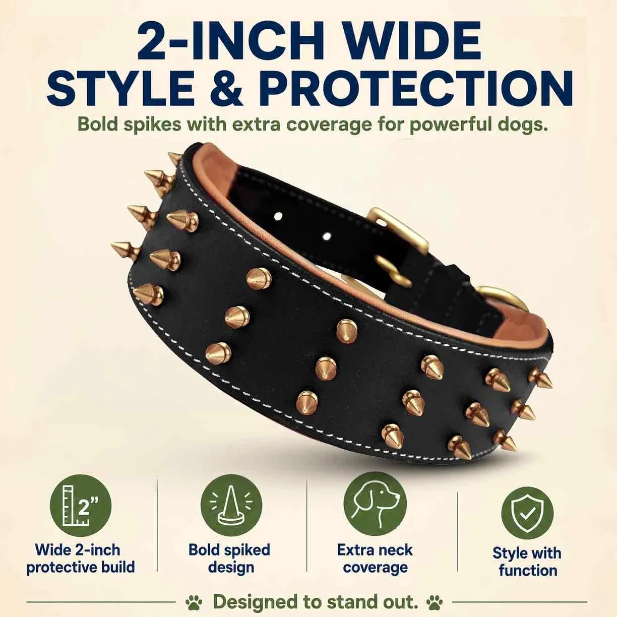 Collar de Cuero con Pinchos para Perros Grandes, Collar de 5 cm de Ancho para Perros Grandes, Collar de Perro Negro, auténtico, de Grano Completo, Resistente, cómodo, Acolchado, (L (para