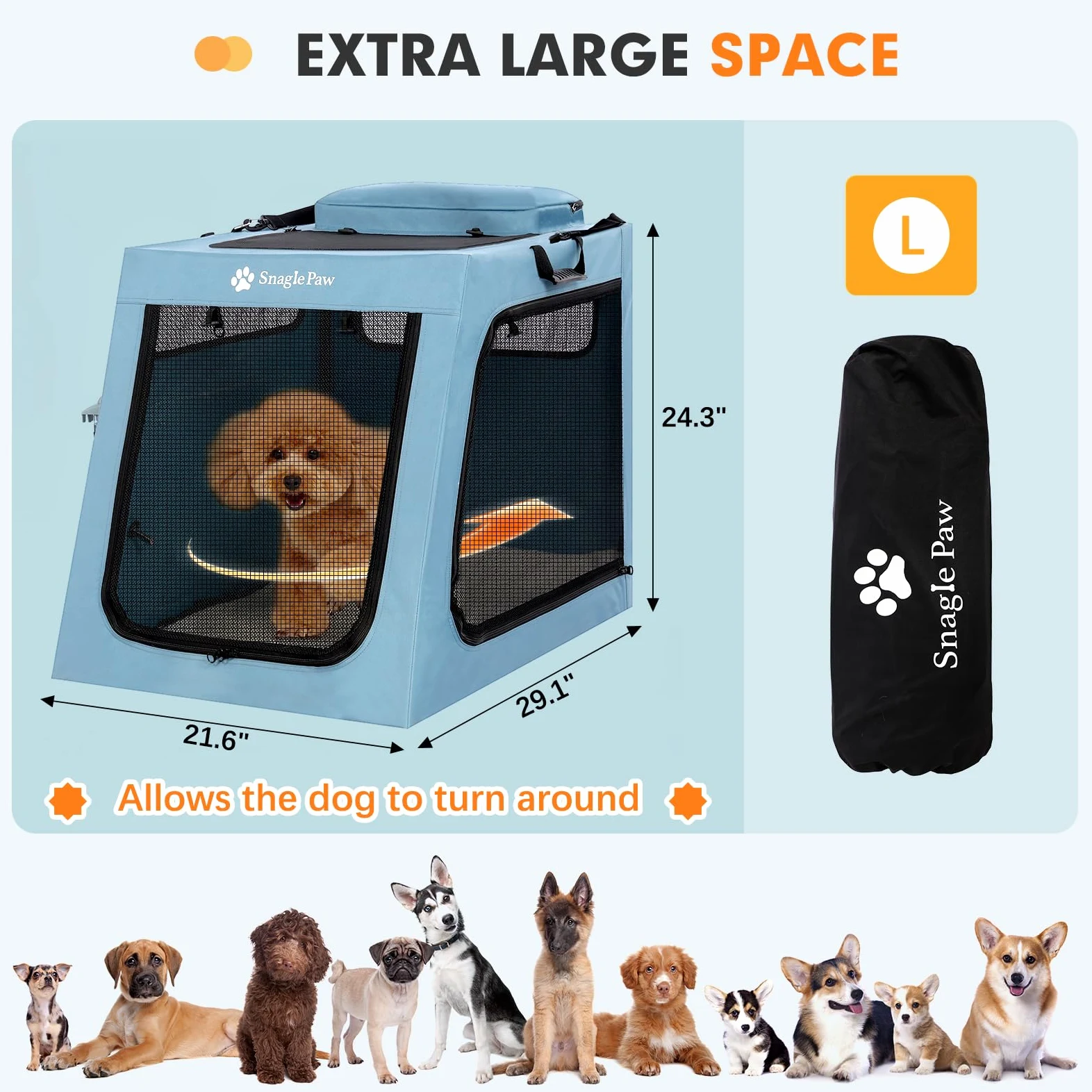 Snagle Paw Jaula portátil para perros para viajes en coche, plegable, grande, con marco de metal y ventanas de malla de 3 puertas, se asegura en el maletero/asiento trasero, transportador de perrera