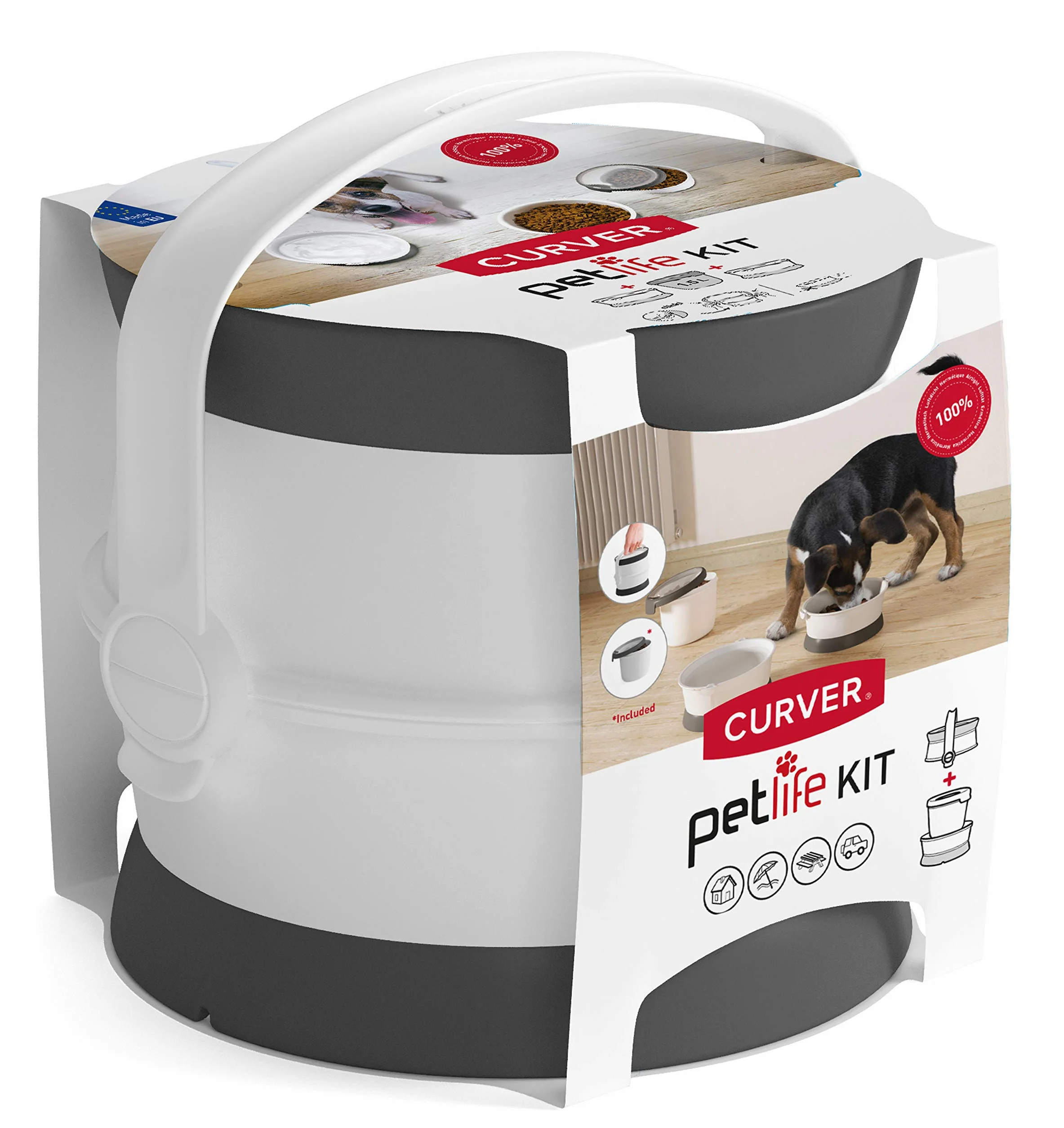 CURVER Pet Life Kit- Kit Nómada 1,5L, 2 comederos y 1 hermético; Almacenaje pienso; 19x18x18 cm; Recipiente comida para mascotas