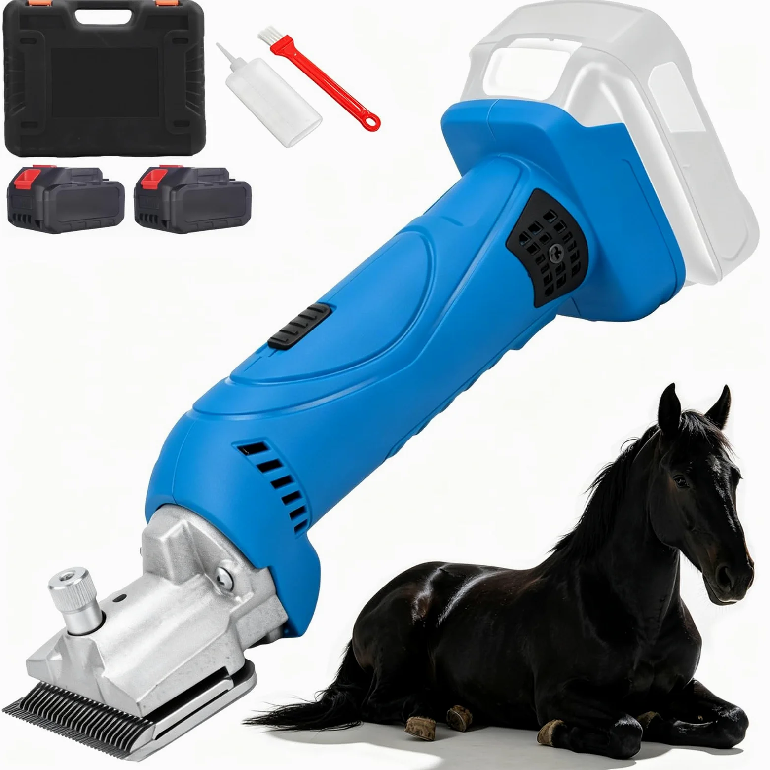 Esquiladora Eléctrica para Caballos 500W, Esquiladora Inalámbrica para Ganado 21V con 2 Baterías & Ajuste de 6 Velocidades, Cuchillas de Acero al Carbono 2500 rpm Cortadora Eléctri Blue-B 2 Batteries