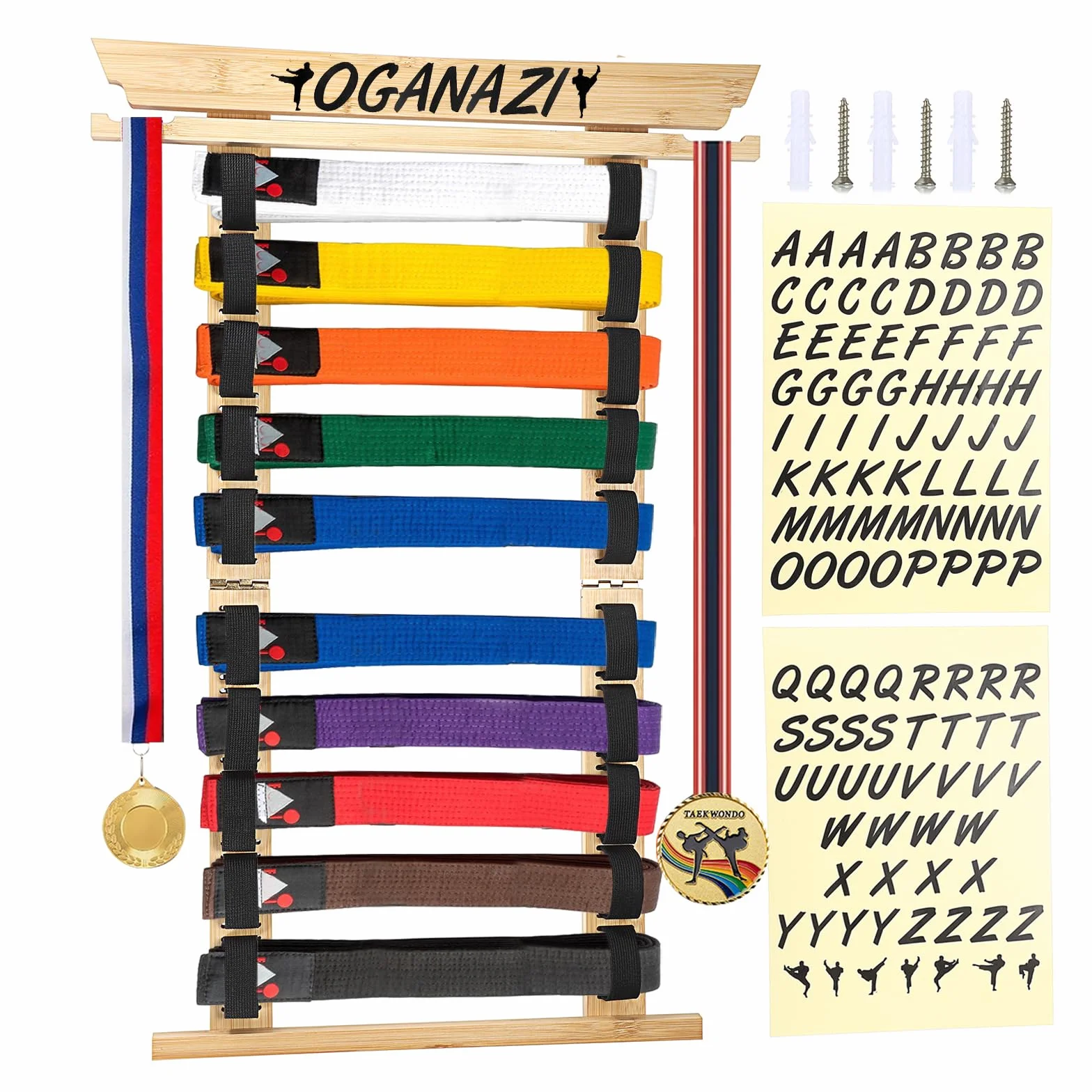 SUMNACON Soporte para cinturón de artes marciales, incluye 10 cinturones de bambú para taekwondo, soporte de pared para judo, karate y ninjitsu
