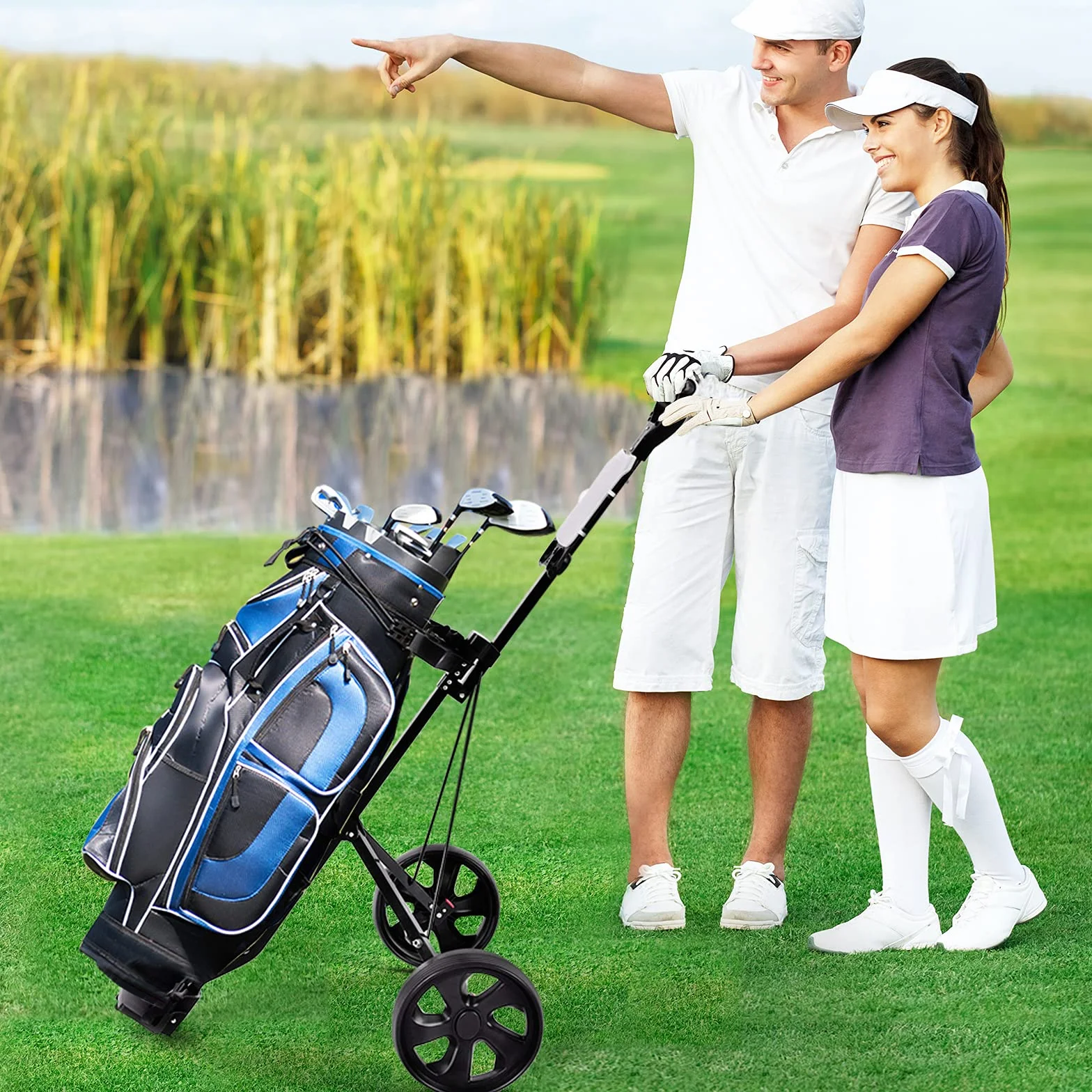 GOPLUS Carrito de Golf Plegable con 2 Ruedas, 67 x 142 x 112 cm